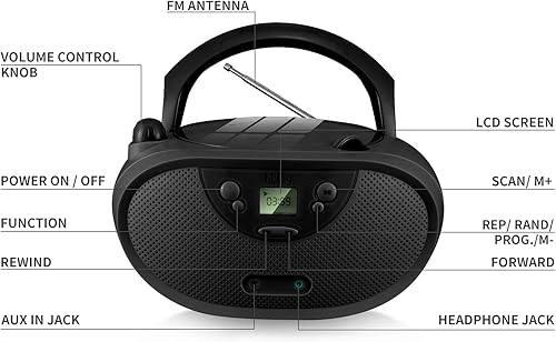 Miniatura 4 de hPlay GC04 - Reproductor de CD portátil con radio estéreo AM FM para niños, pantalla LCD, puerto auxiliar frontal y auriculares (rojo), compatible