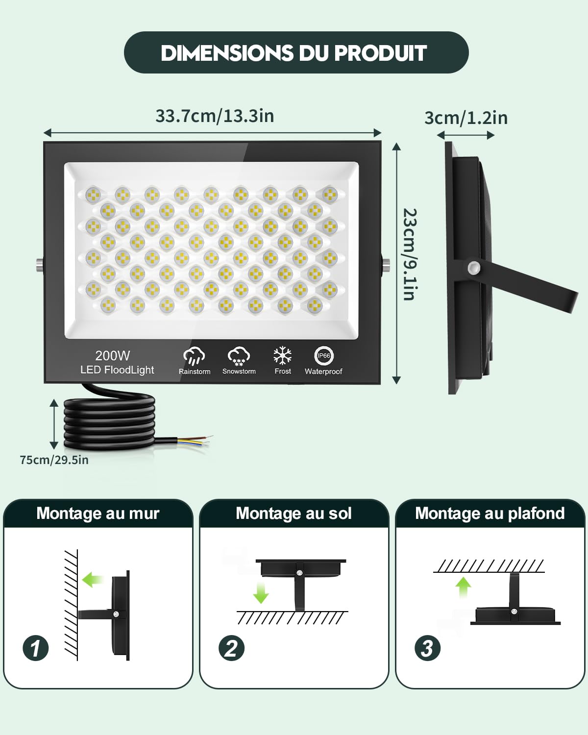 Sararoom Lot de 2 spots LED d'extérieur 200 W 20 000 lm 272 LED blanc froid 6500 K Projecteur extérieur IP65 étanche pour jardin, garage, cour, allée, portes, couloir