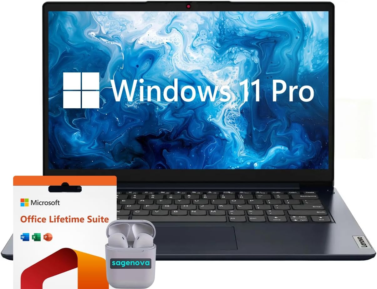 Lenovo IdeaPad 1 Laptop, 14" HD Laptop Computer, Intel Celeron N4020, Windows 11 Pro Laptop with Microsoft Office Lifetime Suite, SageNova Earphones, Blue (Intel Celeron N4020, 4GB RAM | 1TB SSD)