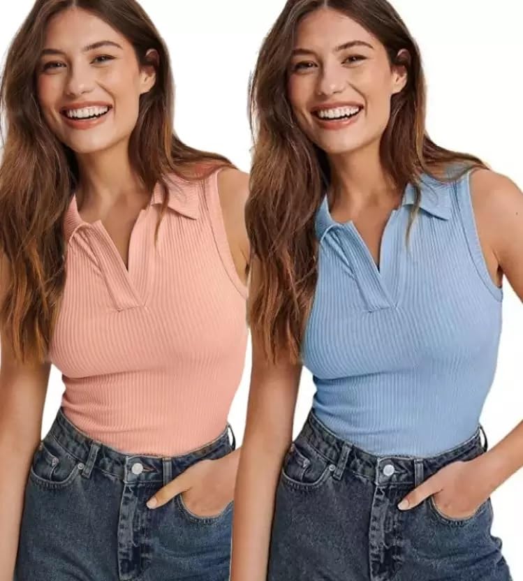 kt style Women's Lycra Ribbed Polo Collared Regular Fit Sleeveless Full Length Tops Combo Pack of 2-picture-29