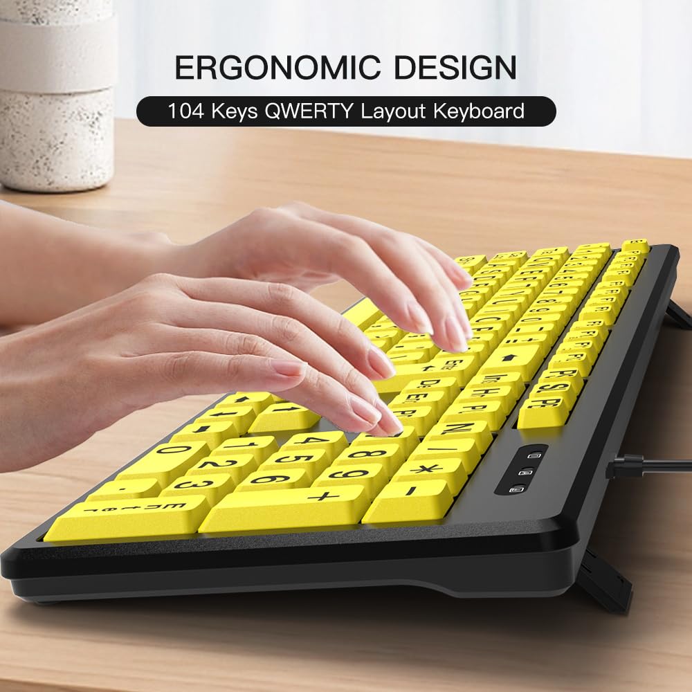 Dioche Tastiera Cablata per Computer Ad Alta visibilità - Tastiera Gialla a Caratteri Grandi per Anziani, USB Plug-and-play Ad Alta compatibilità, Digitazione Silenziosa, Resistente Agli Spruzzi
