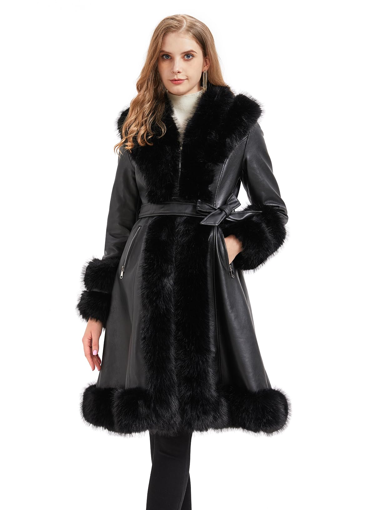 GRAN ORIENTE Womens Faux Leather Jacket with Faux Fur Collar Winter Long Sleeve Furry Trim Peplum Parka Coat