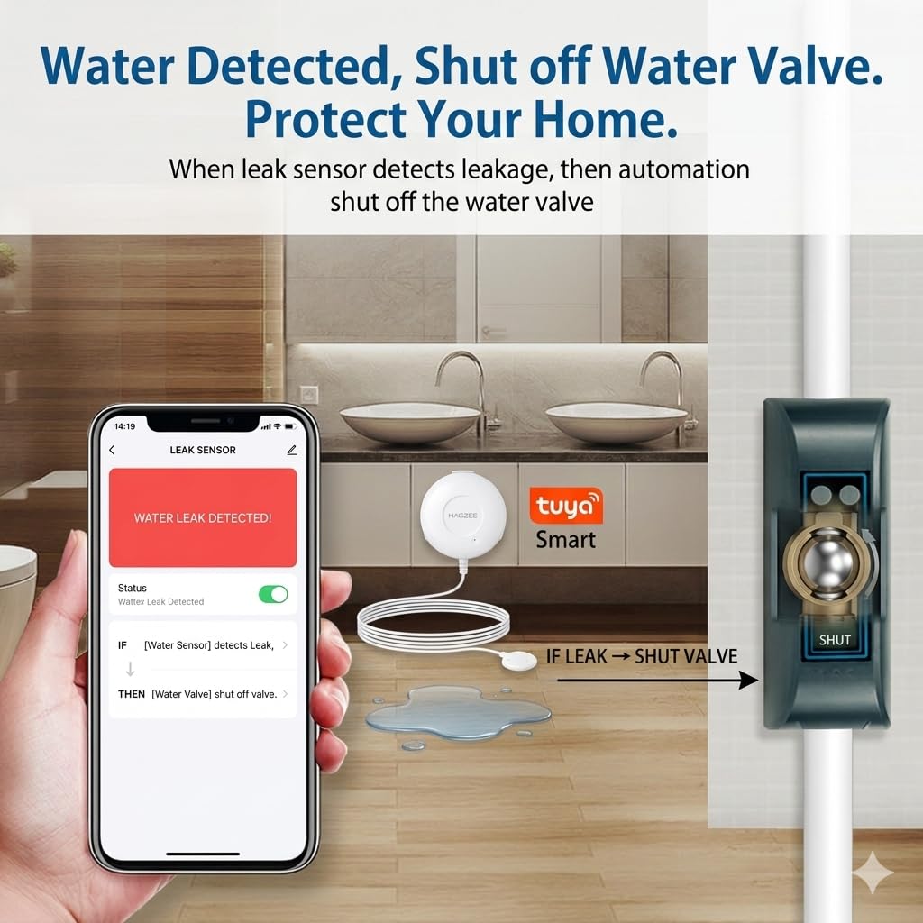 Válvula de Agua Inteligente Haozee WiFi con Cierre automático, Funciona con detectores de Fugas y medidores de Flujo, batería integrada, para tuberías de 3/4" DN20.