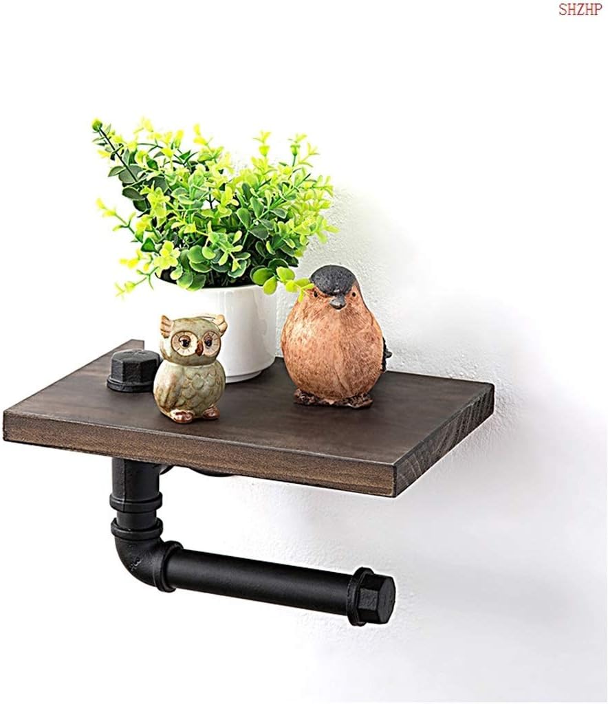 Industrial Pipe Toilet Paper Holder with Wooden Shelf for Bathroom Washroom Wall Mounted Kit Commercial Metal Rustic
