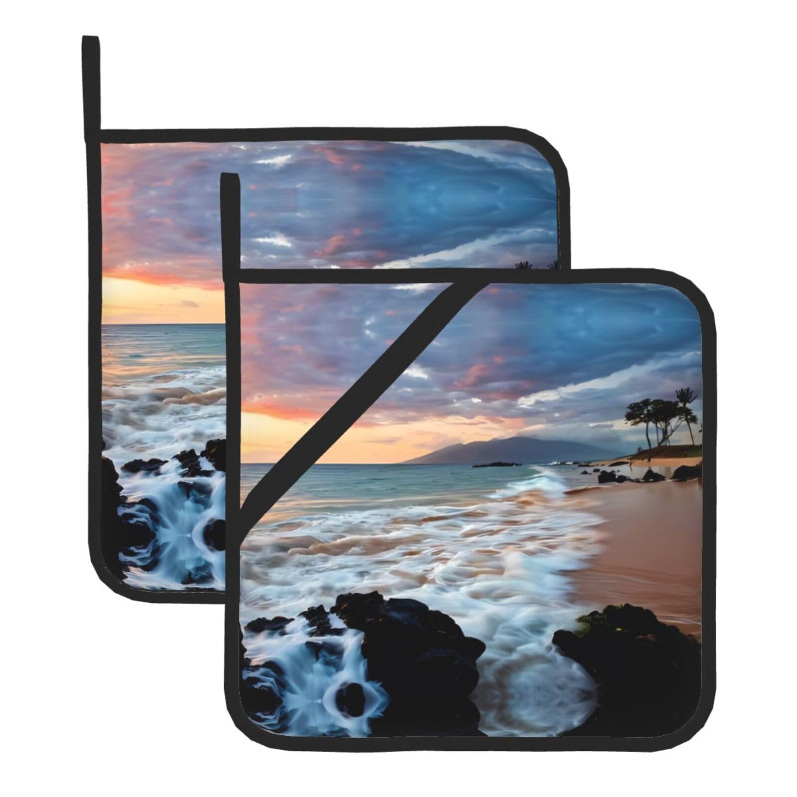 HJFCZH Beach Maui Hawaii Sunset Sea Waves Clouds Prints Square Hot Pads for Kitchen Counter - Waterproof Pot Holders, Durable Heat Resistant Throw Layers for Serving, Oven & BBQ - 2 Pack