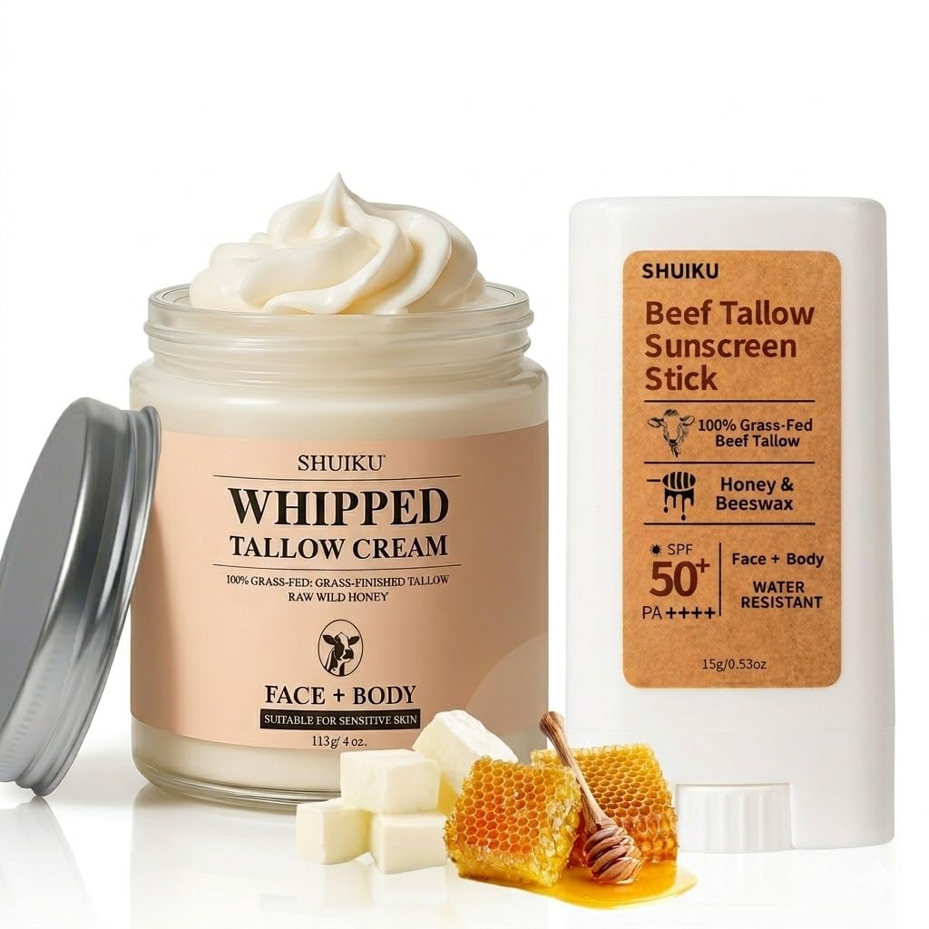 SHUIKU Whipped Beef Tallow Cream and Tallow Sunscreen Stick Bundle - 100% Grass-Fed & Finished Tallow with Raw Honey & Beeswax