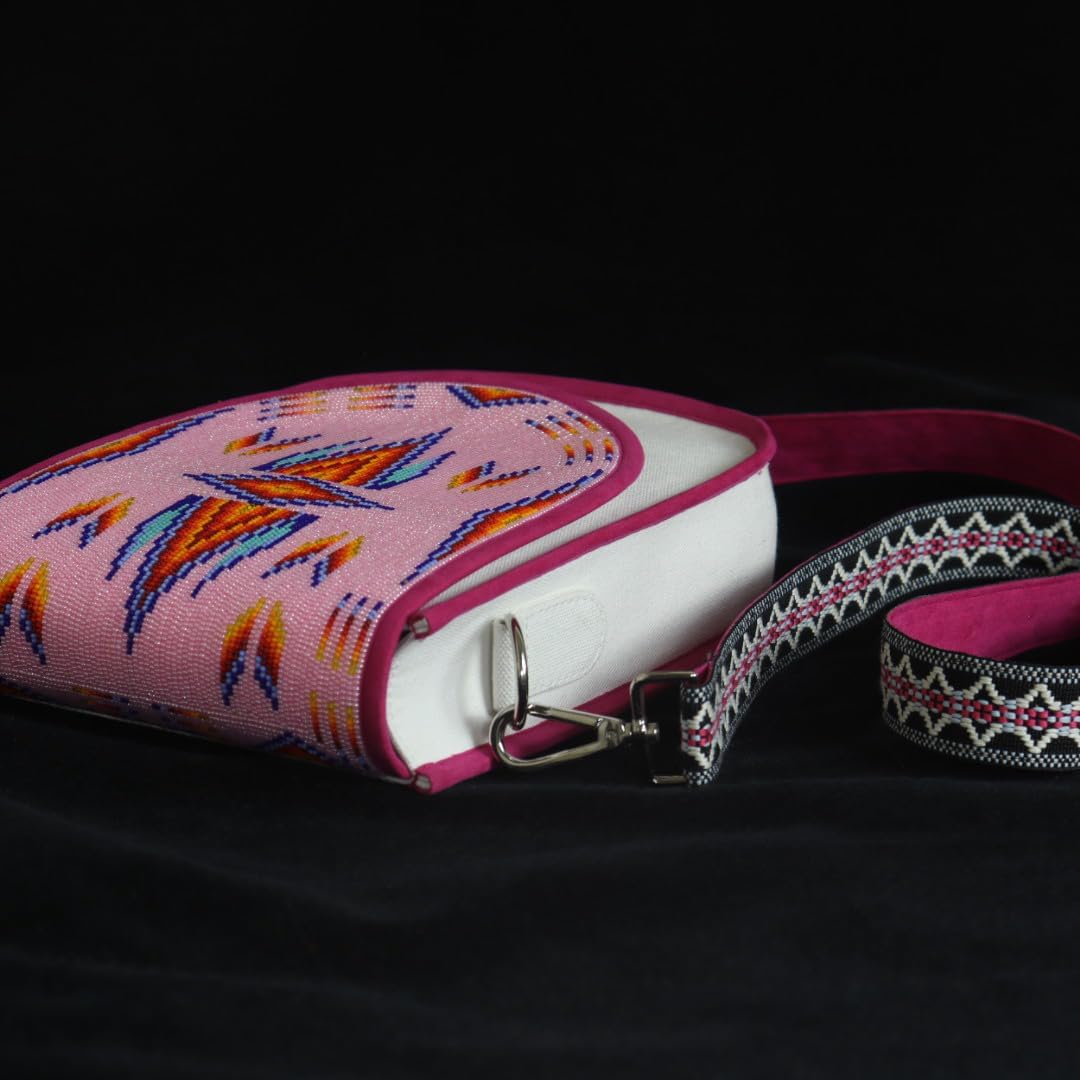 Handmade Beaded Handbag, Native American Style Seed Beads Crossbody bag, Czech Glass Beads Shoulder Bag With Adjustable Strap, Unisex Handbag. Pink - Image 4