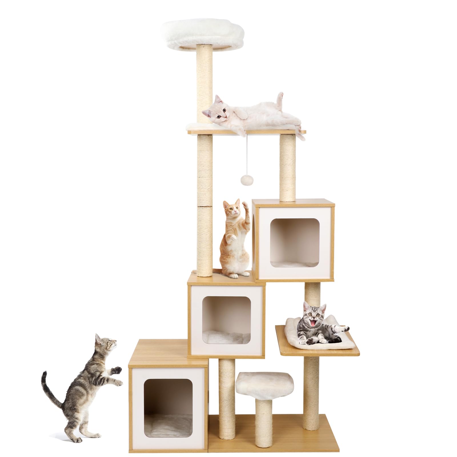 Xverycan Modern Cat Tree 64", Wood Cat Tree Tower for Indoor Cats