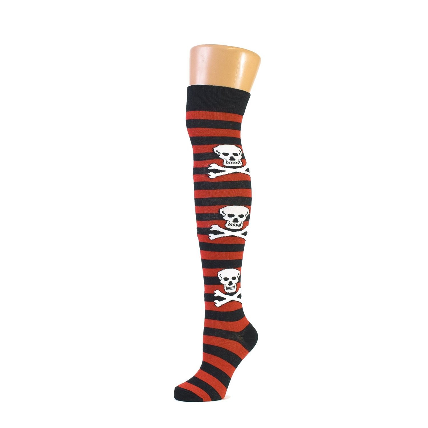 M Macahel Women's Red Macahel Over The Knee Striped Skull Socks (Red)