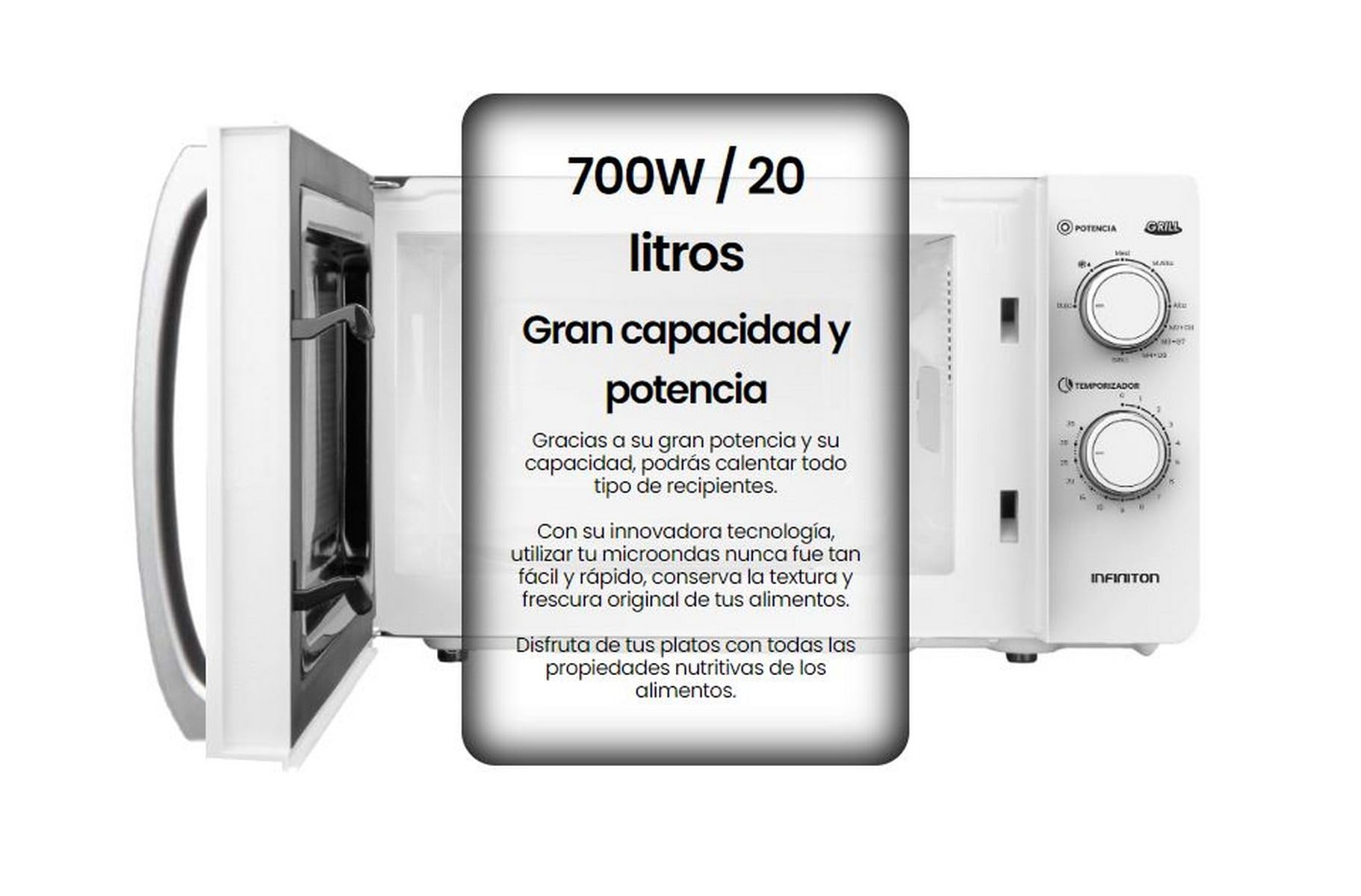INFINITON Microondas MW-GW2090, 20 Litros, 800 W, Grill, Temporizador de 0 a 35 minutos, Apertura de puerta con tirador, Blanco