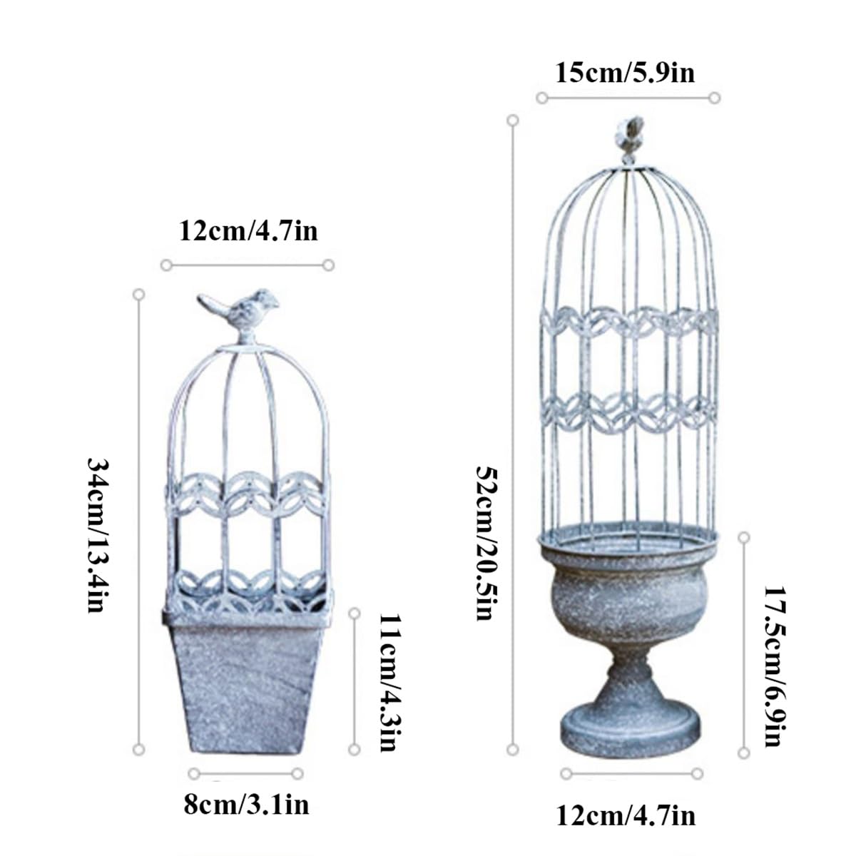 Treillis de jardin nostalgique en métal pour cage à oiseaux – Support de plantes grimpantes de style rétro pour légumes d'extérieur, courgettes, tomates et fleurs (52 x 15 cm) – Support en fer