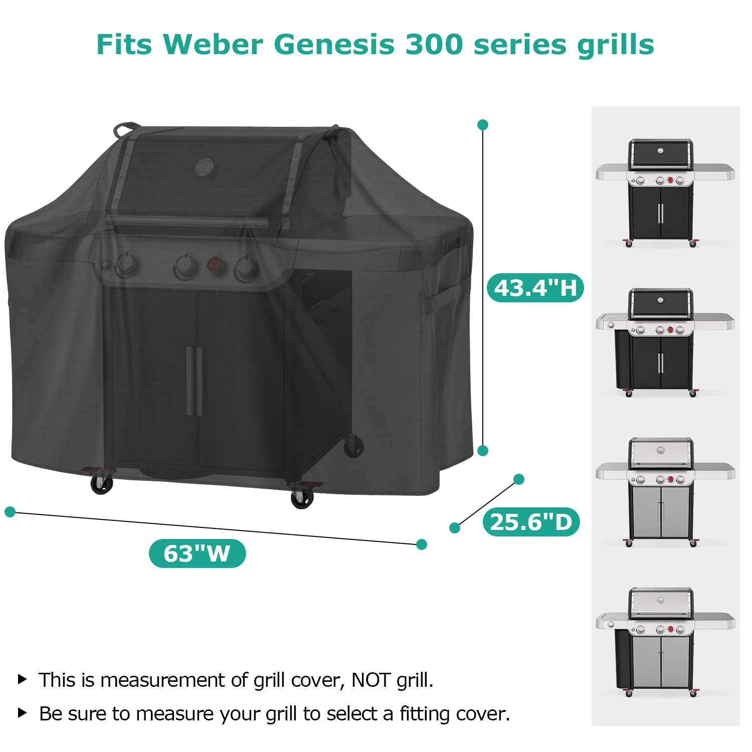 63 Inch Heavy Duty Grill Cover For Weber Genesis 300 Series - Waterproof With Straps (Black)
