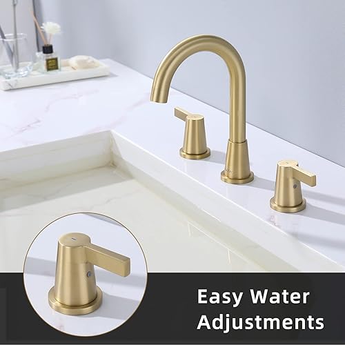Miniatura 3 de NEWATER Grifo de baño de oro cepillado con 2 manijas de oro generalizado, grifo de lavabo de 3 agujeros con ensamblaje de drenaje emergente y líneas