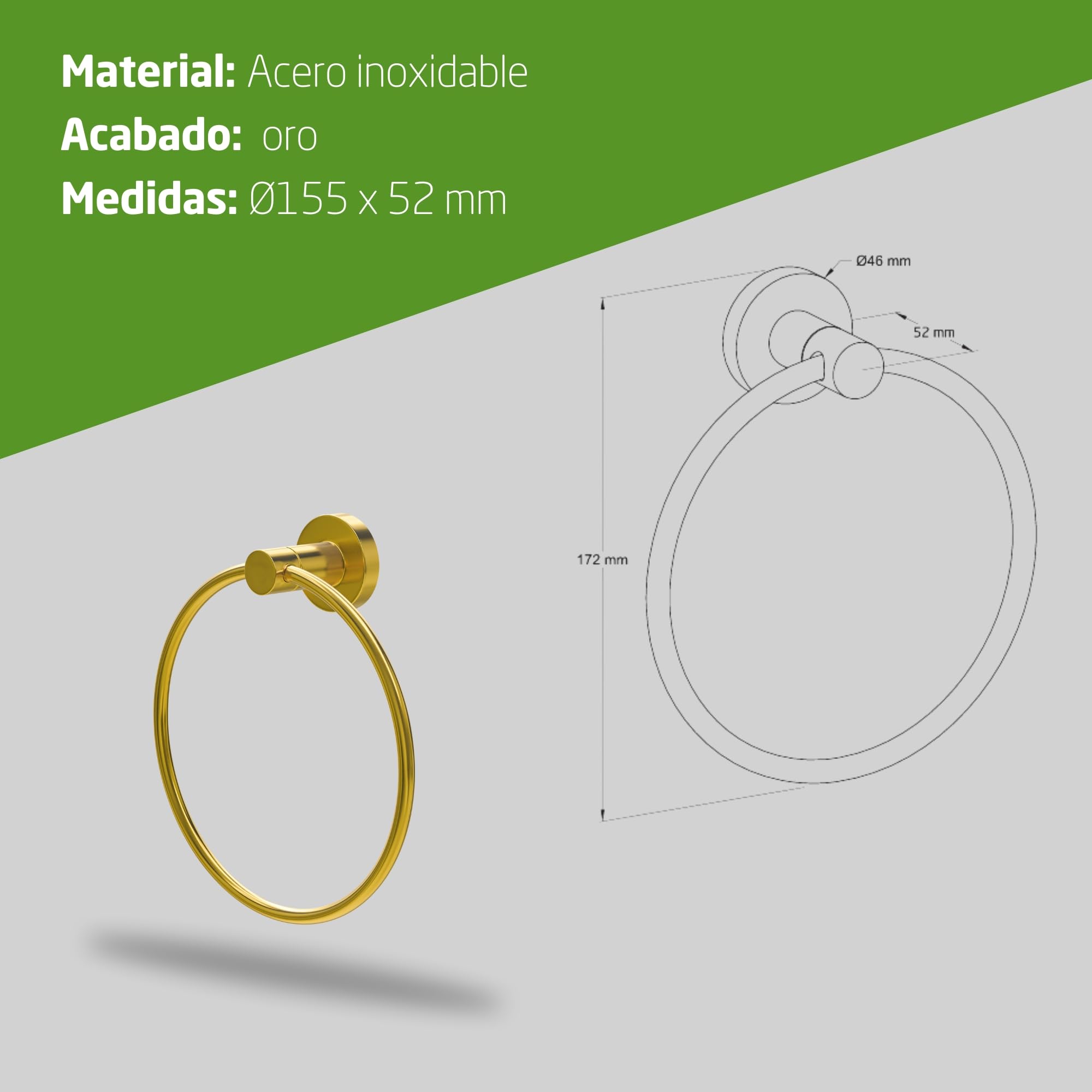 Amig - Toallero de baño Mod. Gorliz-3 - Soporte de Pared para Toallas con Tornillos incluidos - Ø155 x 52 mm - Acero Inoxidable - Oro Mate