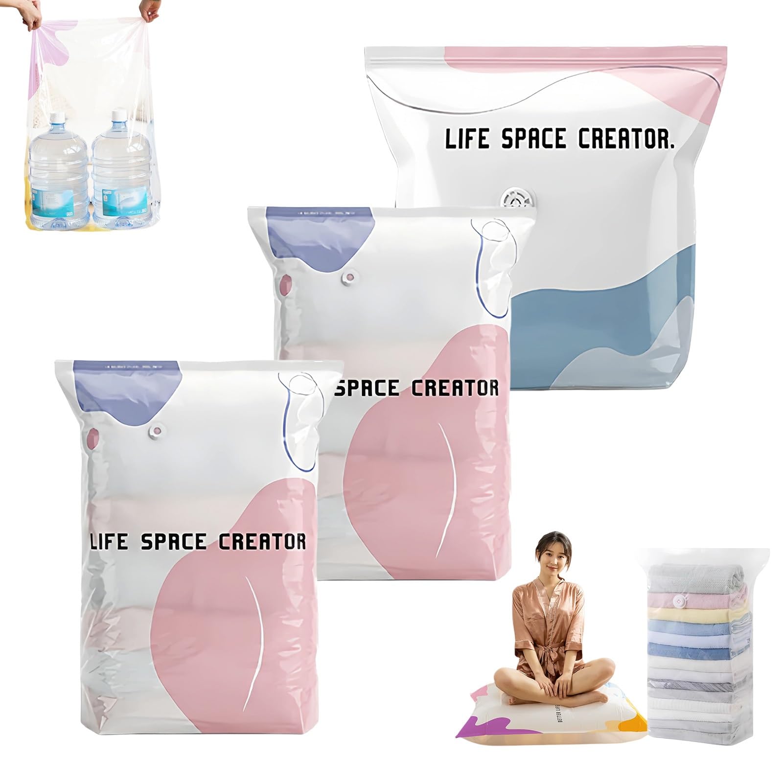 Thickened Better Life Space vacuum bag, reusable 3D vacuum storage bag without pump, waterproof vacuum bag clothing, seasonal storage effortless(L+L+M)