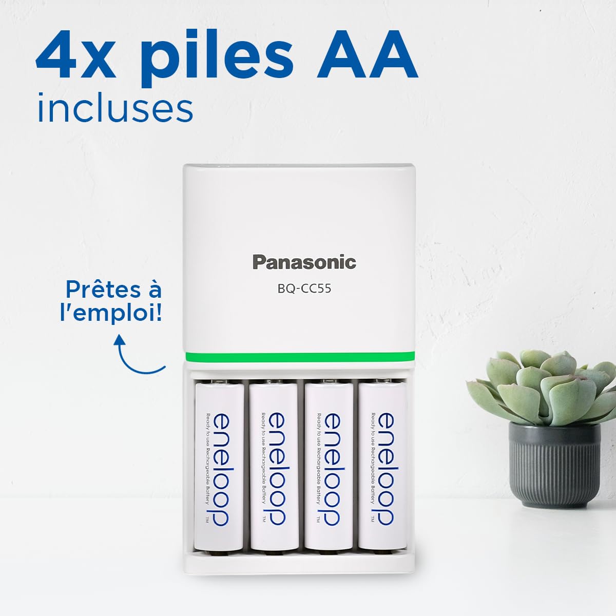 Chargeur eneloop SmartPlus pour 1 à 4 Piles AA/AAA Ni-MH, fourni avec 4 Piles eneloop AA/Mignon à capacité renforcée et 10 Fonctions de sécurité