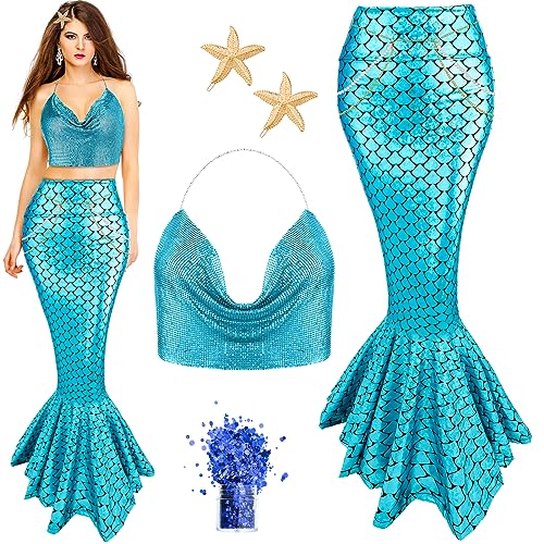 Jiuguva 5 Pcs Mermaid Costume for Women Metallic Chain Top