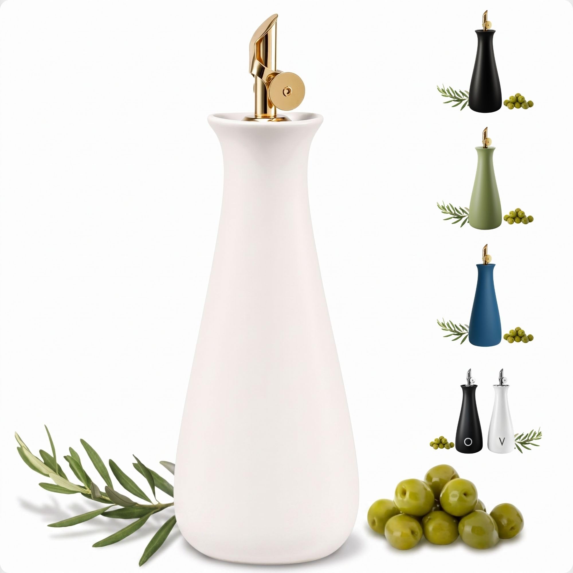 Ceramic Olive Oil Dispenser with Self-Closing Gold Spout, 530mL, Leakproof