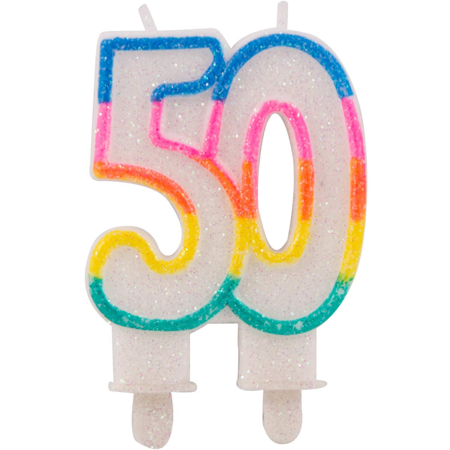 Folat 22895 – Glitzerkuchenkerze Regenbogen mit Halterung – Zahl 50 – ca. 9 x 6 x 1,5 cm