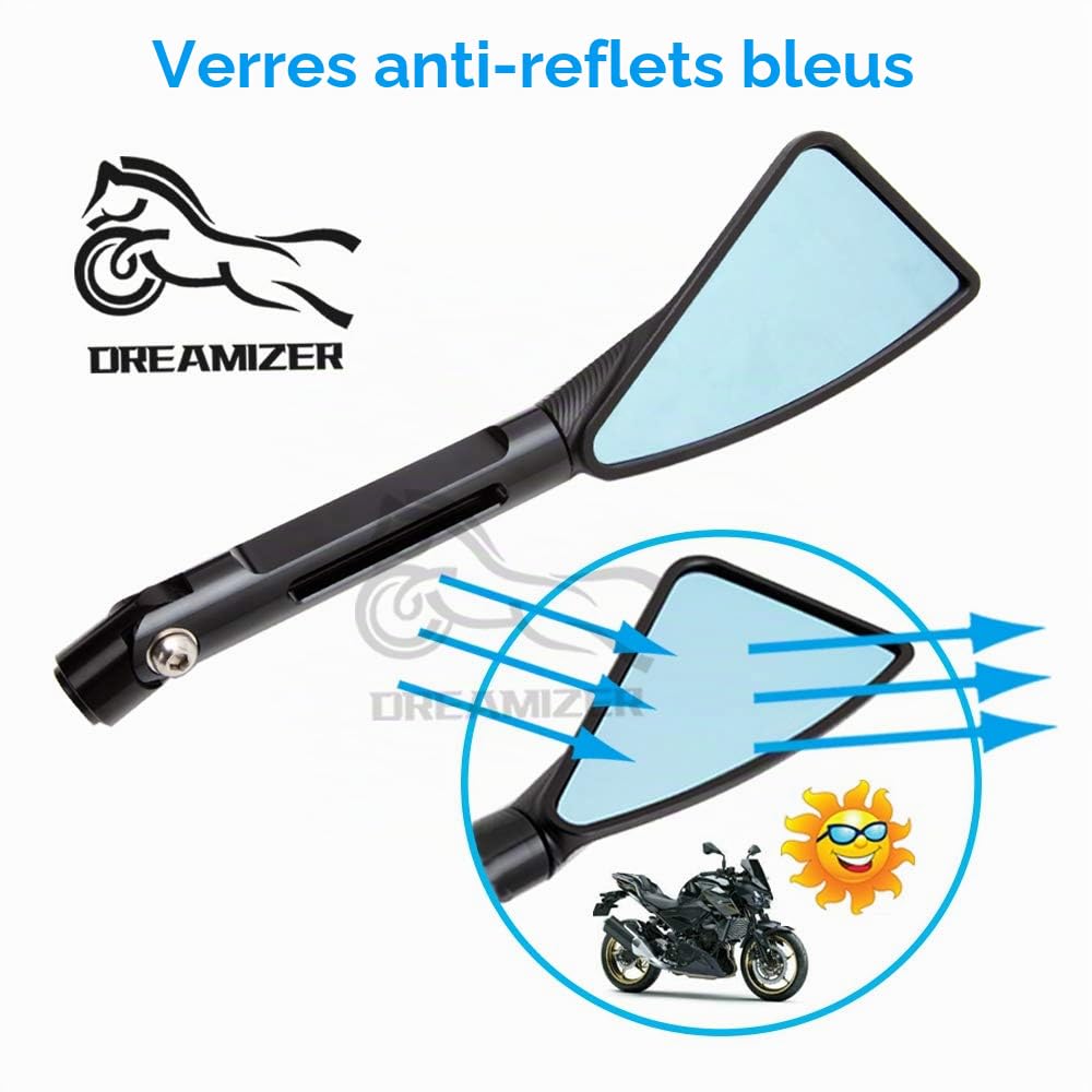 DREAMIZER Universel Aluminium Rétroviseur de moto, Triangle 8mm 10 mm Rétroviseurs Latéraux de Moto pour vélo de rue vélo de sport Dirt bike Cruiser Chopper Scooter(Noir)