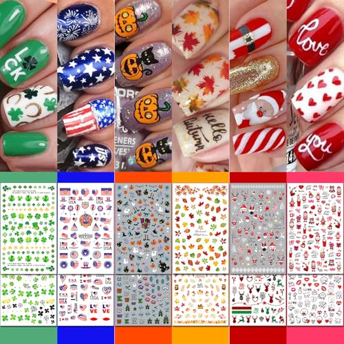 IDDFEVE 30 Sheets All Holiday Nail Art Stickers, Variety Pack Seasonal Nail Decals for All Year, Self-Adhesive Pegatinas Uñas St. Patrick's Independence Day Halloween Fall Christmas Heart Design