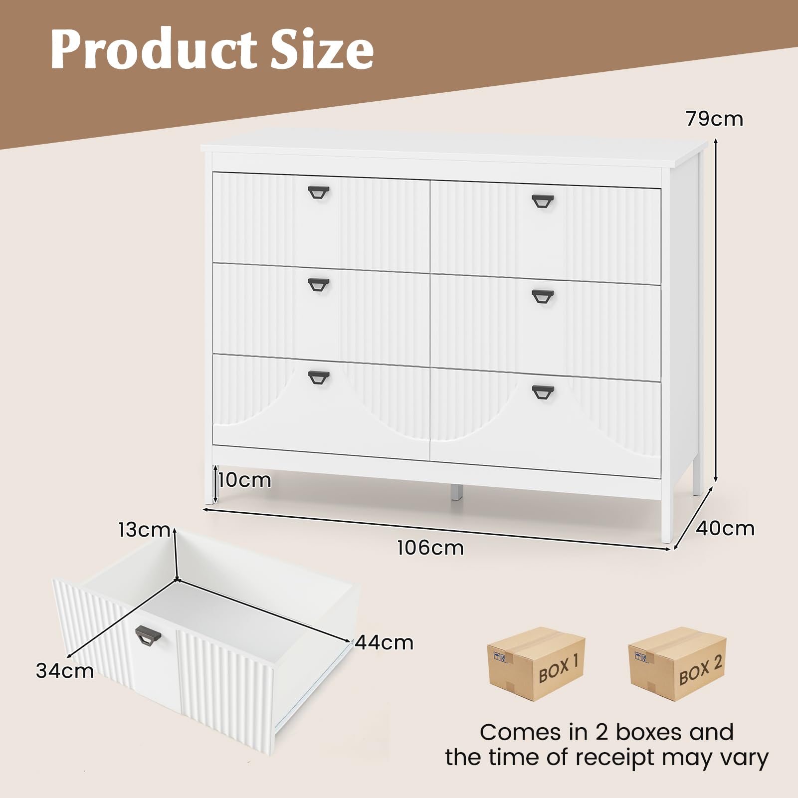 GIANTEX Cassettiera in legno con 6 cassetti, mobile portaoggetti con kit antiribaltamento, 106 x 40 x 79 cm, aspetto elegante, cassettiera per camera da letto, soggiorno, ingresso, bianco