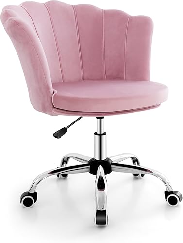 Miniatura 9 de Giantex Silla de escritorio para niños cómoda silla de trabajo para oficina en casa con ruedas silla de tocador tapizada de terciopelo con respaldo