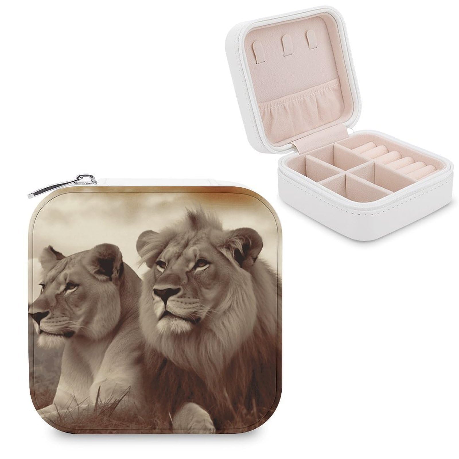 MUSM African Lion And Lioness Travel Jewelry Case Personalized PU Leather Jewelry Boxes for Women Small Portable Jewelry Organizer Box Cute Trinket Box for Necklaces Rings Earrings & Gifts