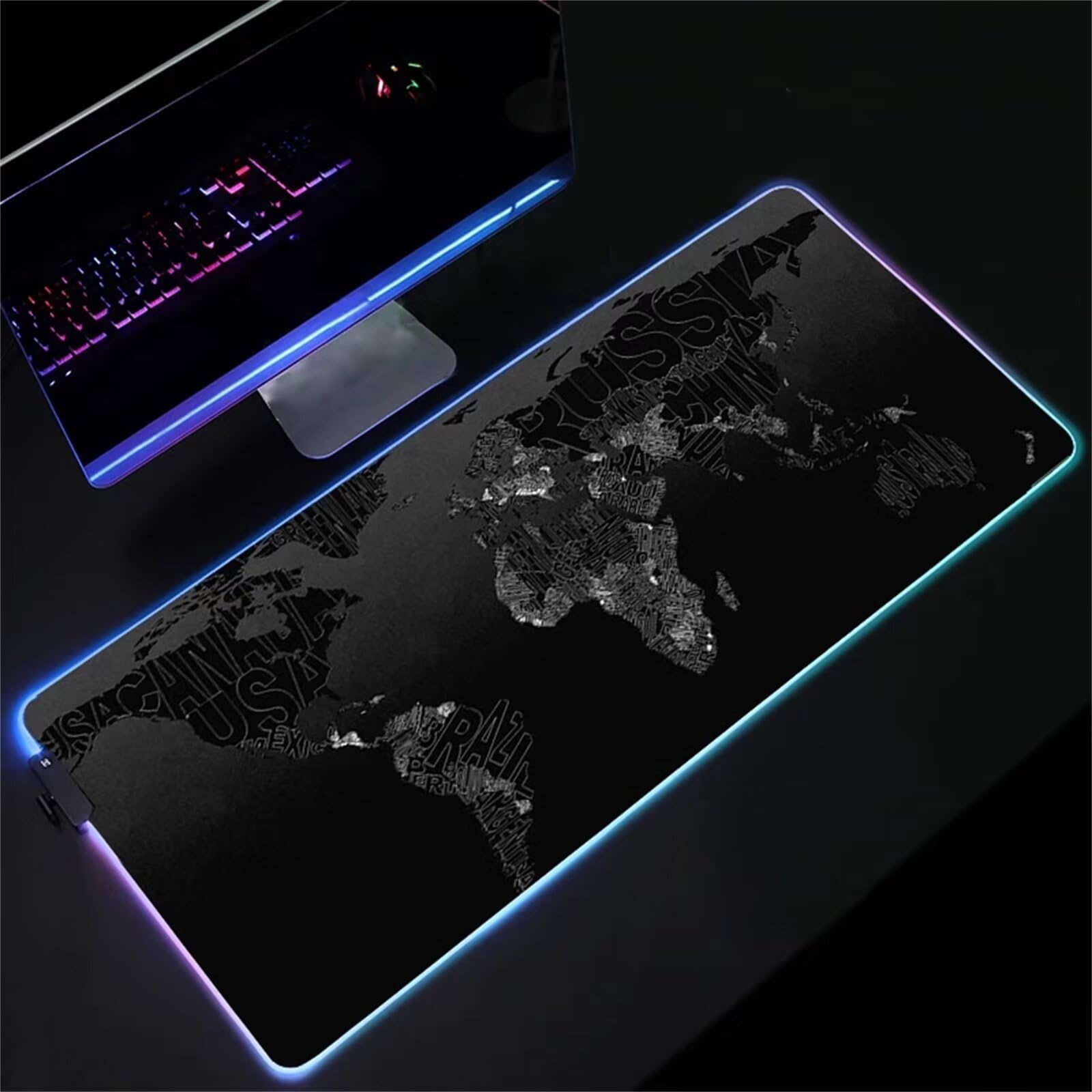 Mapa del Mundo RGB Alfombrilla de ratón para Juegos 900x400x4mm Alfombrilla Ratón Grande Alfombrilla de Escritorio LED con Base de Goma Antideslizante para Gamers PC y Portátil