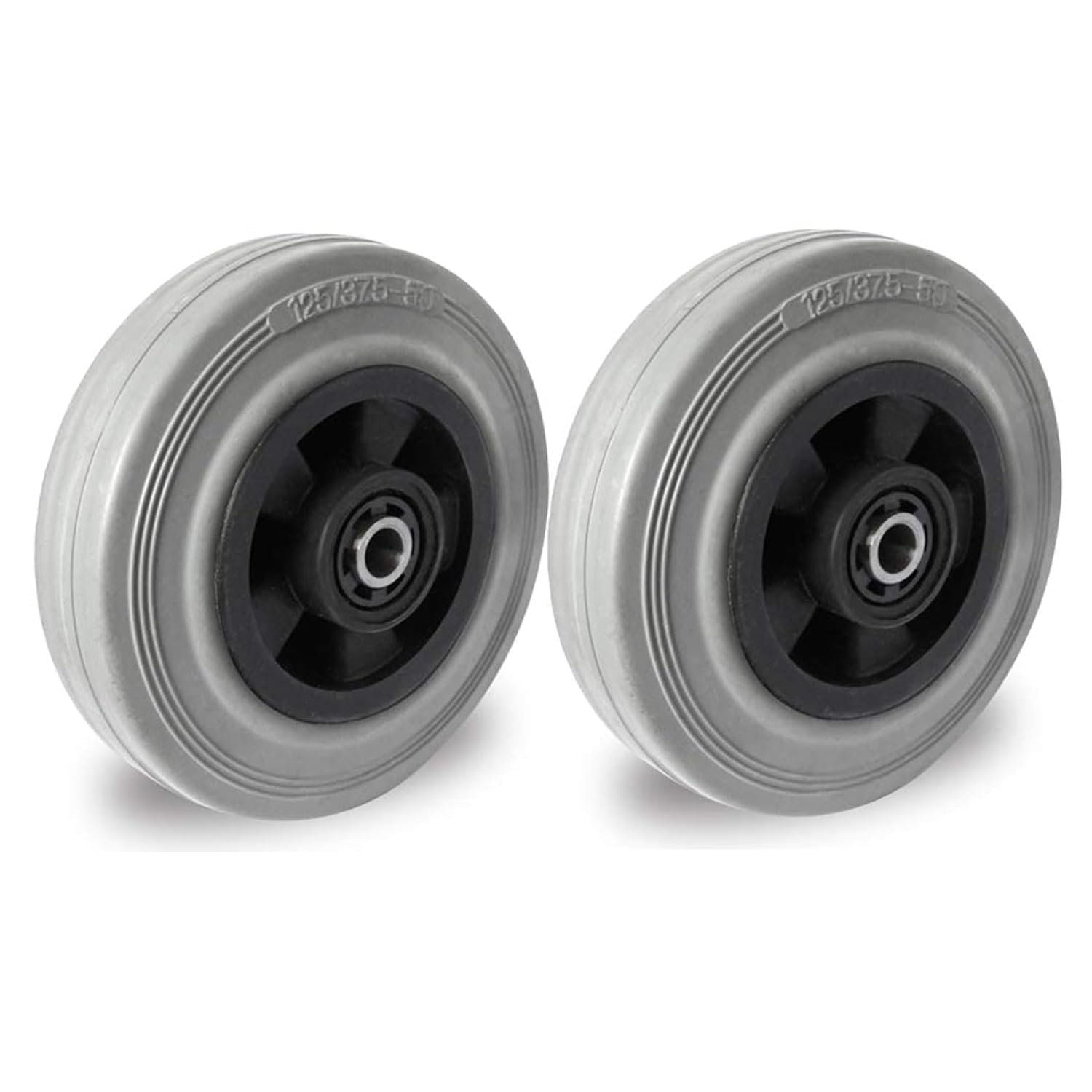 Juego de ruedas de 125 mm de goma gris sin dejar rastro con accesorios para ejes M10, ruedas de transporte de polipropileno/goma maciza PAK 3, calidad gris, con rodamientos (juego de 4