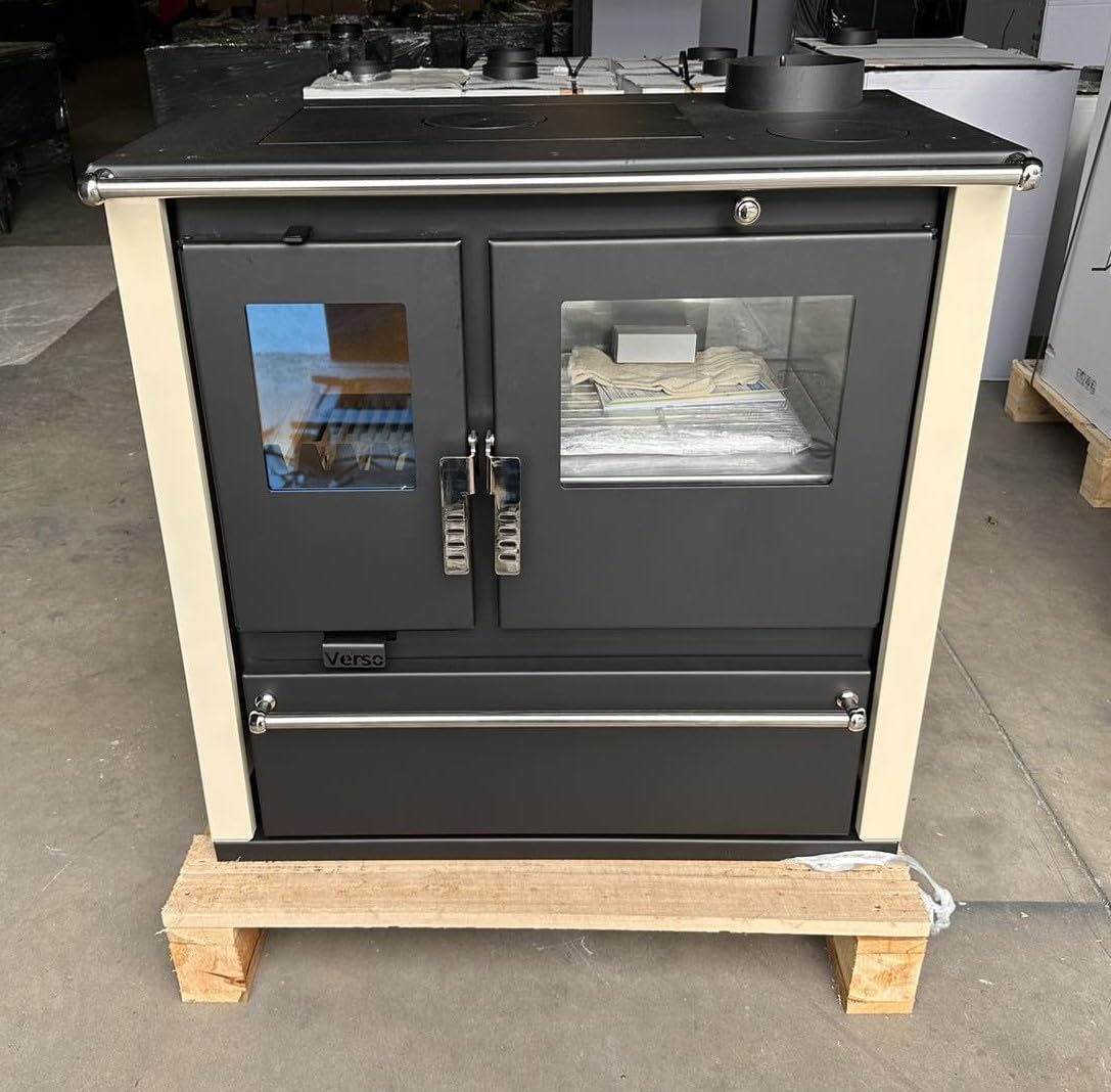 EEK A+ Verso Cs Plus Poêle à bois en inox 7,7 kW avec panneaux latéraux ivoire