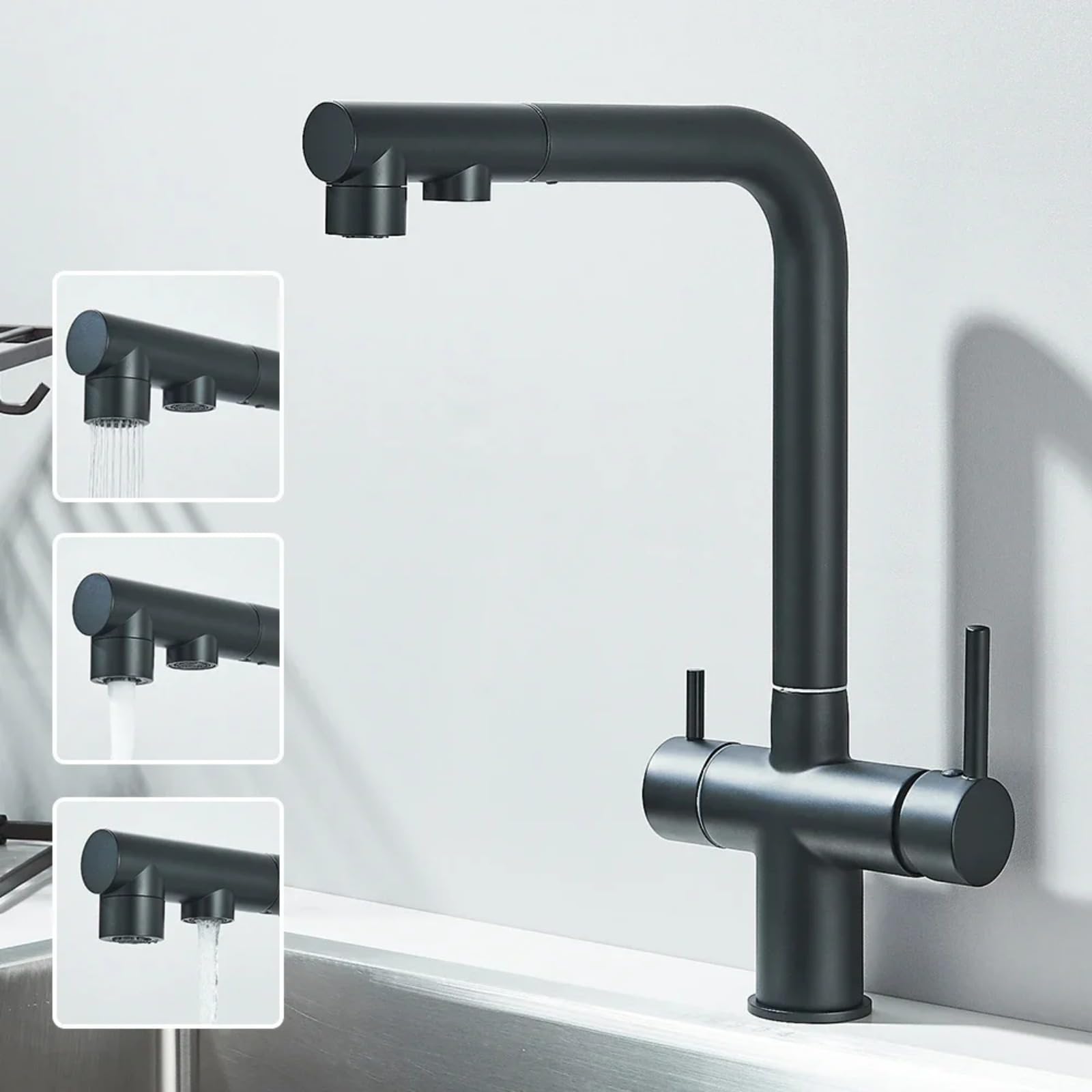 Robinet d'évier cuisine douchette avec filtre eau potable mitigeur noir