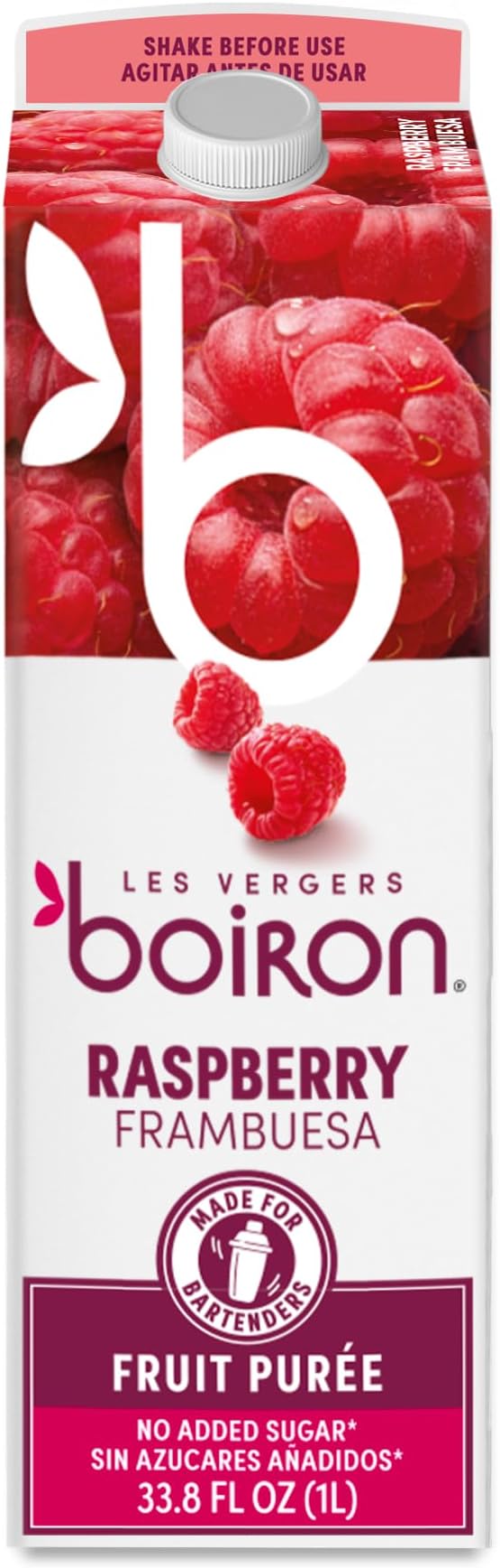 Les Vergers Boiron Raspberry Fruit Puree Drink Mix, All Natural, No Added Sugar, Non-GMO, No Preservatives, No Added Flavors, Vegan, For Beverages & Cocktails, 1 Liter (33.8 Fl Oz)