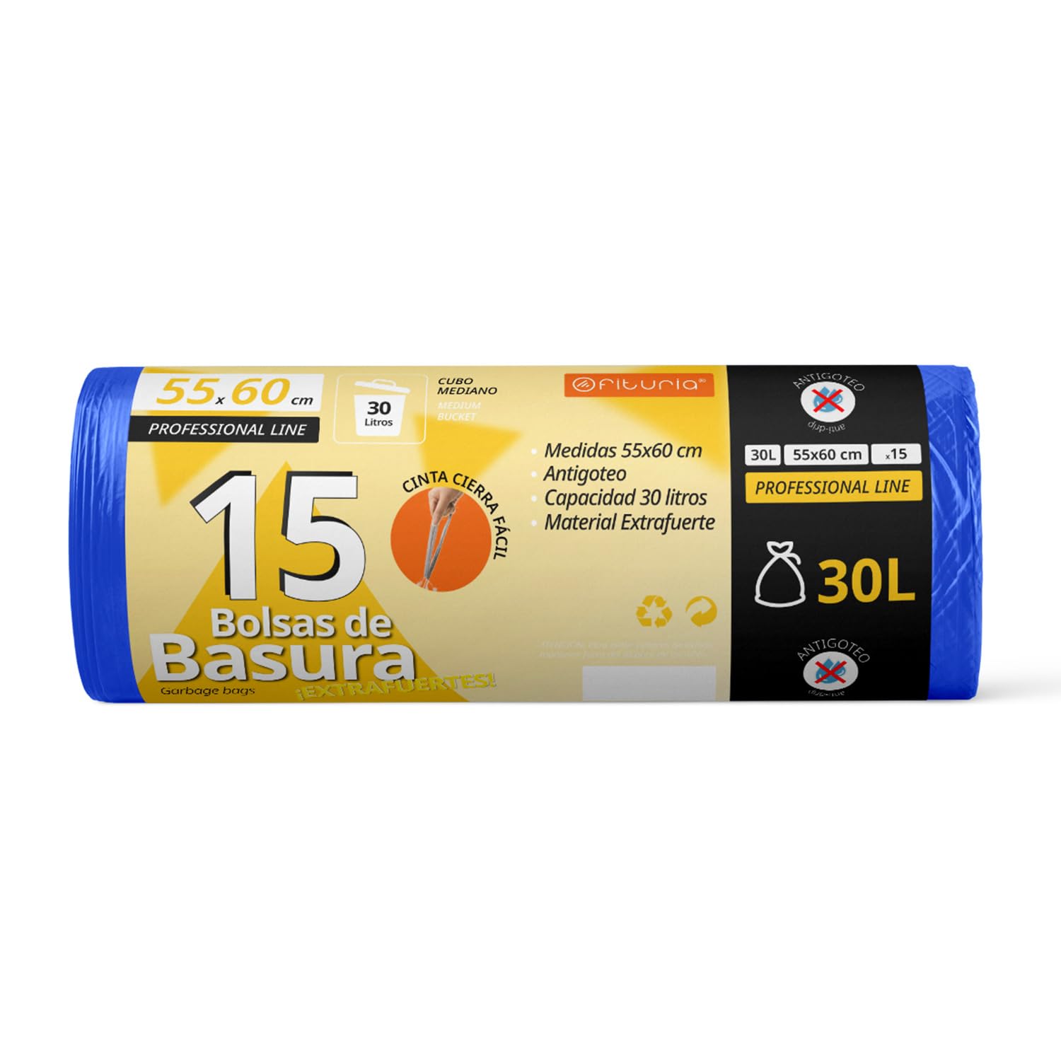 Trash Bags, Trash Bags, 30L, Durable, Suitable for 30L Trash Bins, Leakproof, Easy Self-Closing Bags, Suitable for All Types of Waste, 55 x 60 cm – Ophituria (15 Bags, 30L)