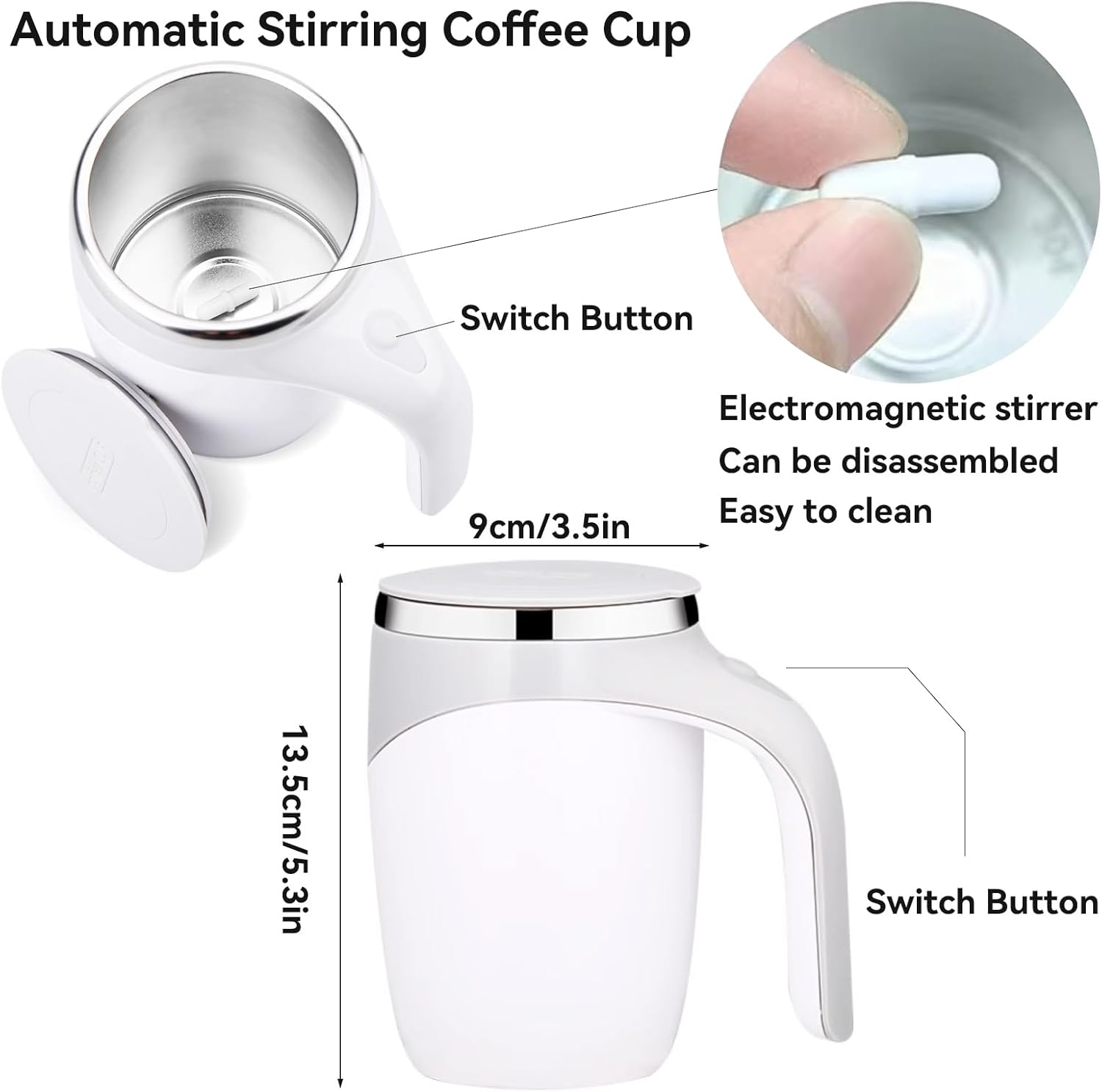 Self Stirring Coffee Mug, Portable Automatic Magnetic Stirring Coffee Stirrer Cup Stainless Steel Self Mixing Coffee Mug with Lid for Coffee Milk Cocoa(White) - Image 4