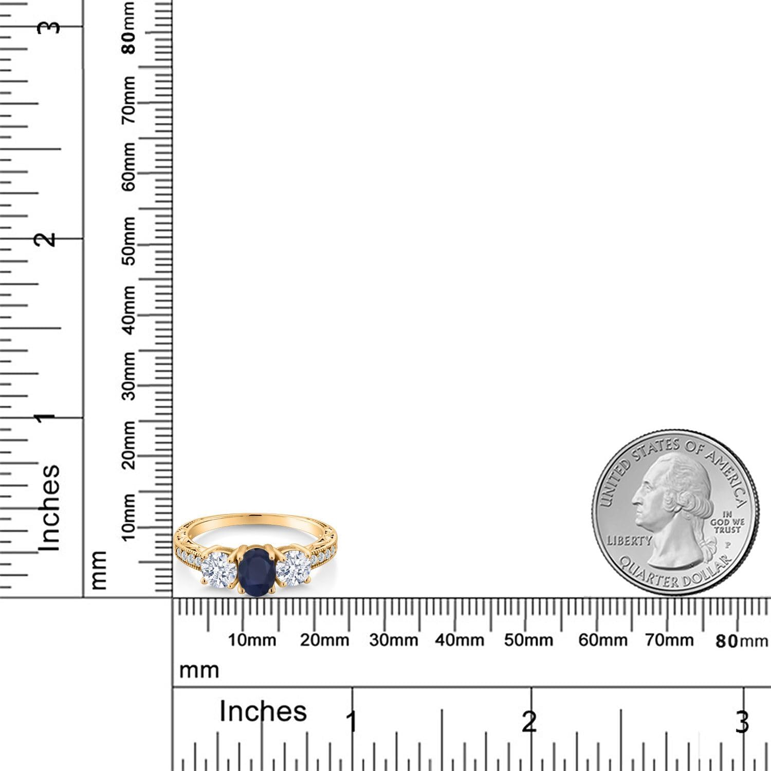 Gem Stone King 18K Yellow Gold Plated Silver Gemstone Birthstone 3-Stone Engagement Ring for Women | Oval 7X5MM and Round 5MM | Filigree and Milgrain Detail | Three Stone Wedding Anniversary Promise