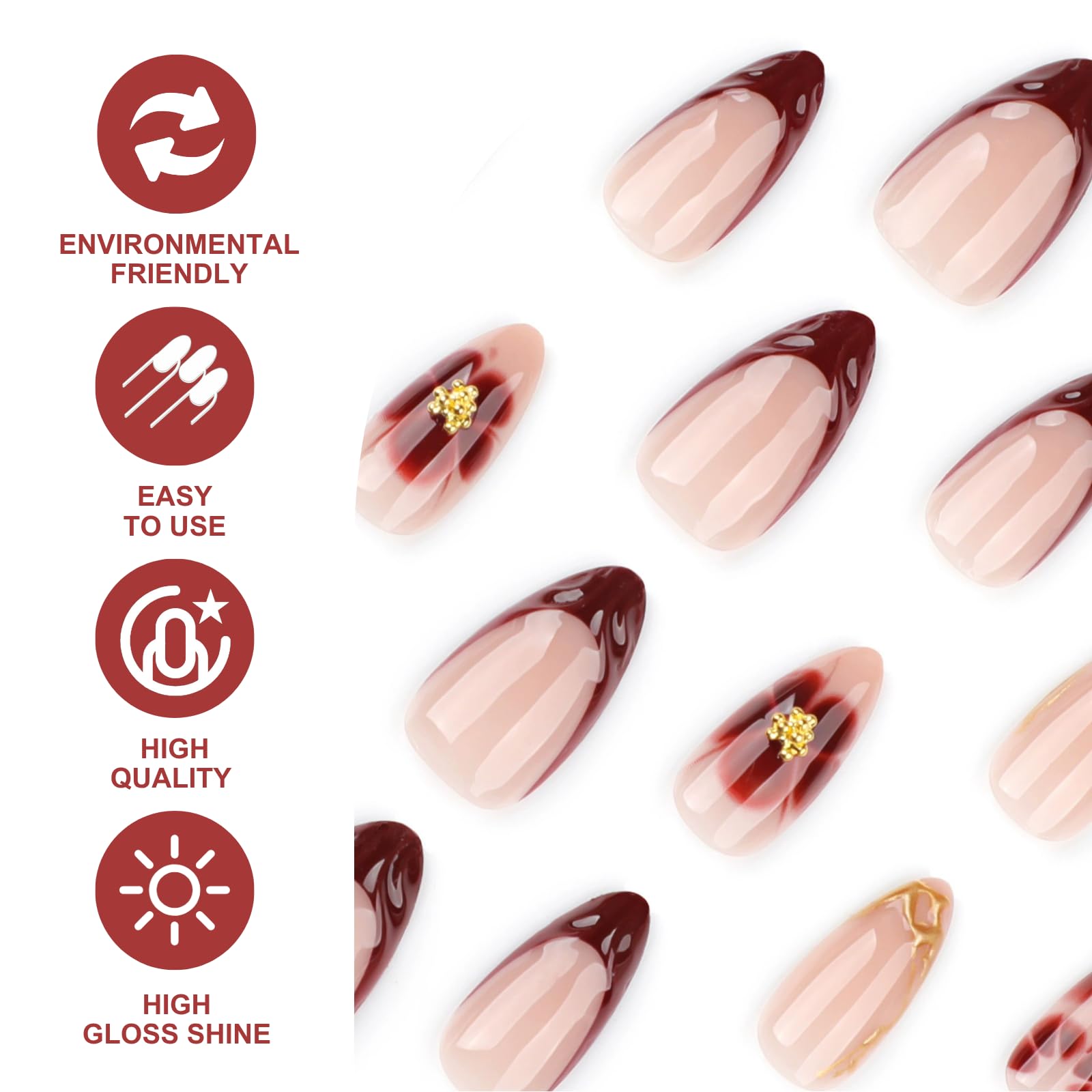 Almond False Nails Burgundy, Short Medium Press On Nails, Oval Wine red gold Fake Nails with Flower - Image 4
