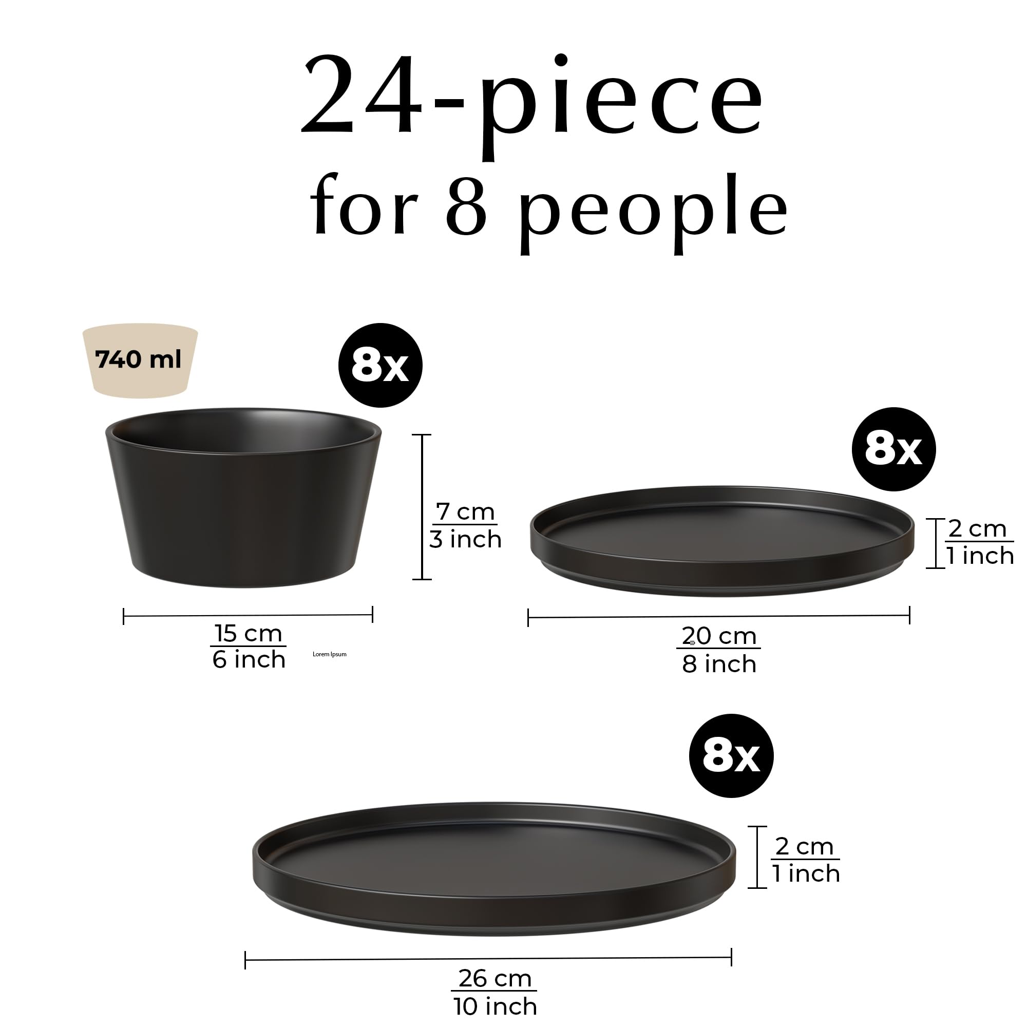 MIAMIO - Juego de vajilla para 8 / Juego de 24 piezas de gres moderno/Vajilla – Apta para lavavajillas y microondas – Colección Luxe (Negro, Vajilla (24x))