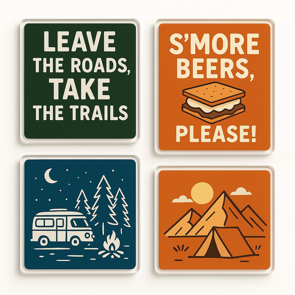 The Plum Penguin Trailblazer Cheers Acrylic Coaster Gift Set Of 4 With Camping Humour - Adventure Drinkware For Camping Lovers