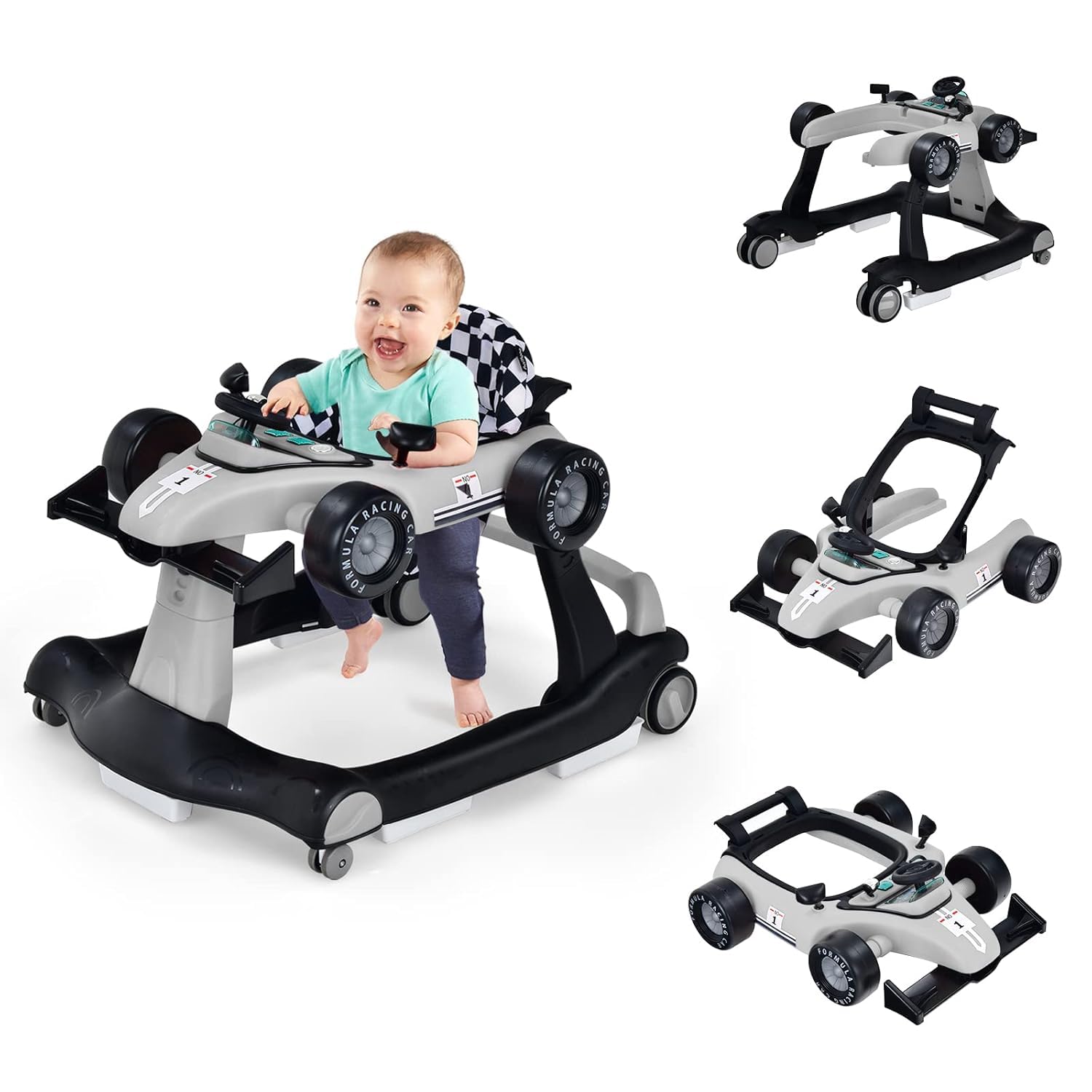FANTASK 4 in 1 Lauflernhilfe mit einstellbarer Höhe & Geschwindigkeit, Baby Walker mit Musikbox, Licht & Rädern, Gehfrei Baby ab 6 Monaten, 12kg Belastbar (Grau)