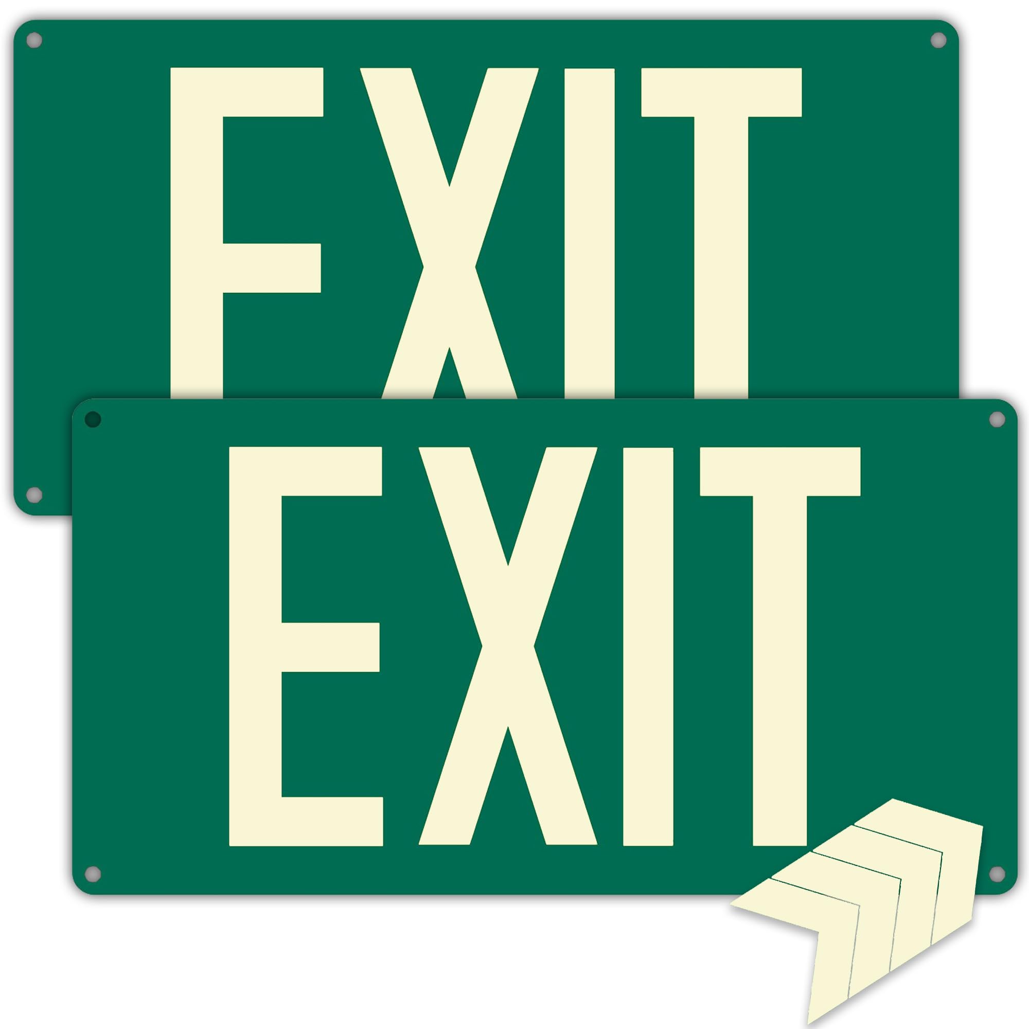 (2Pack) Photoluminescent Exit Sign, Glow In The Dark Aluminum Exit Sign Green - Adhesive Backing - 4pcs Removable Arrows Included - 14.25 x 7.5 Inches