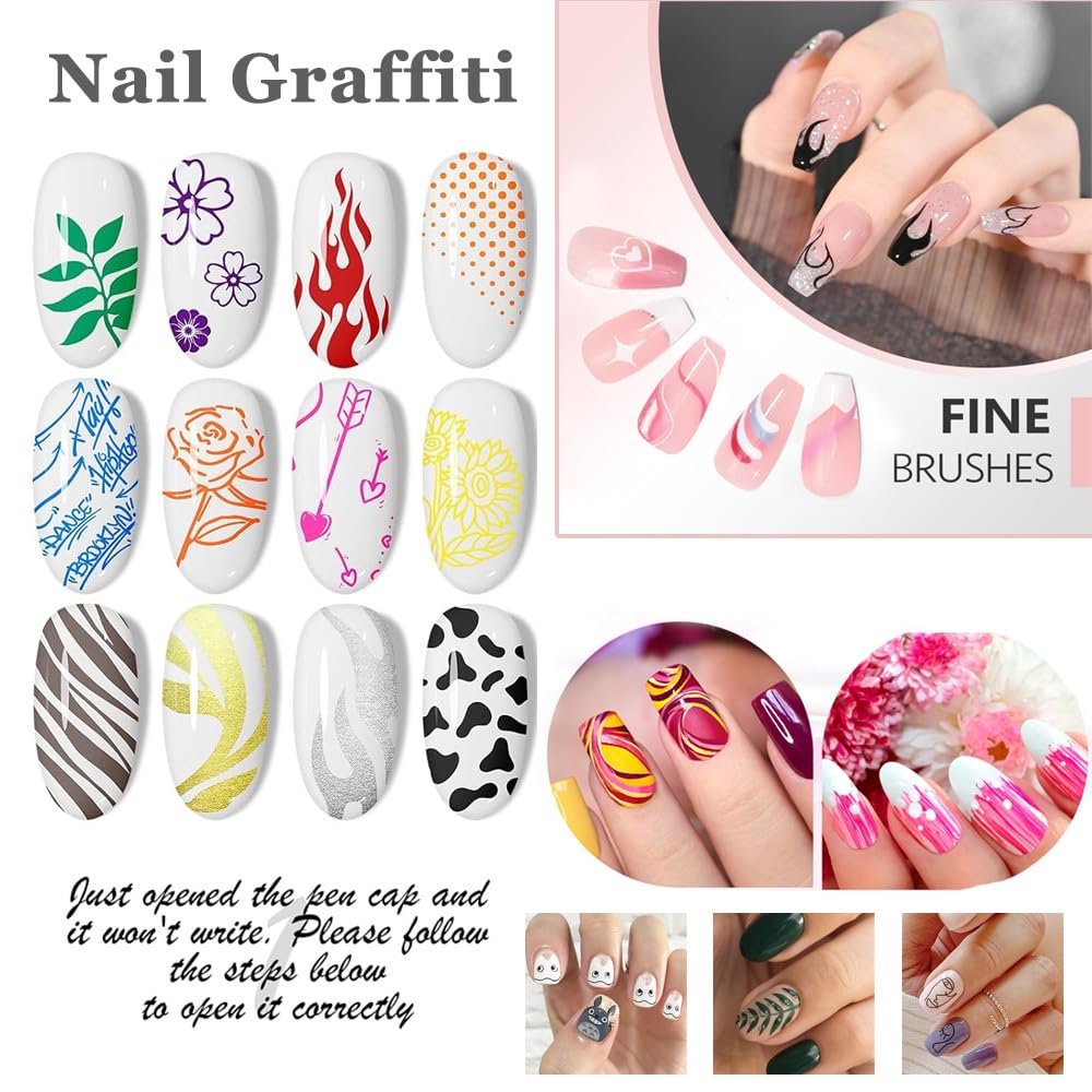 Stylos Nail Art-Pour unemanucure créative et sanseffort Kit Liner Ongle Enfant - Stylo Vernis à Ongles 3D Dotting Tool - 12 Couleurs - Crayon Blanc - Pointes Fines pour Nail Art Graffiti