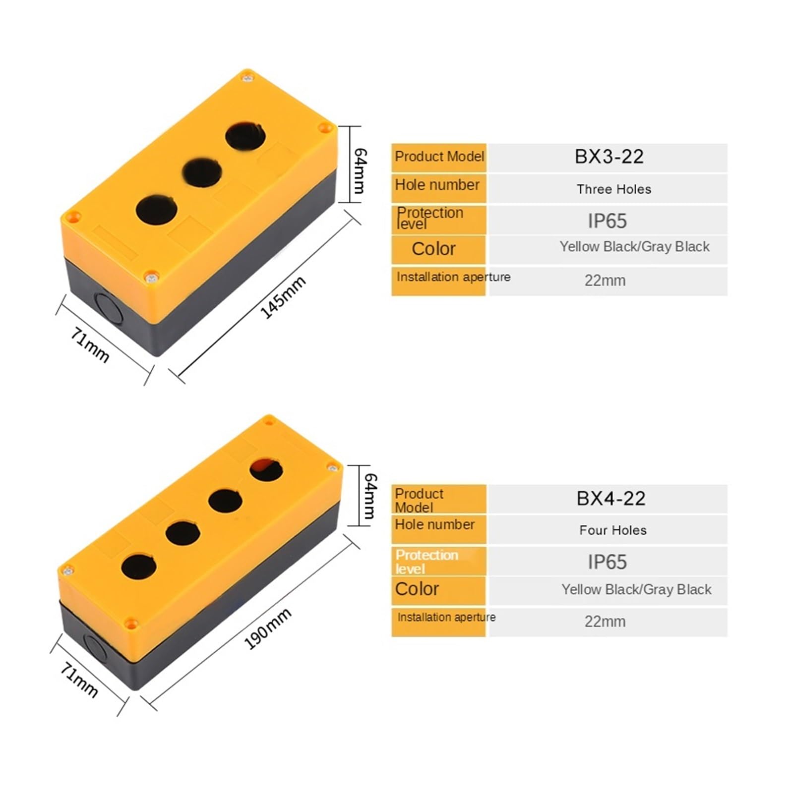 Boîtier de commande à boutons-poussoirs Boîtier de commande étanche à bouton-poussoir de 22 mm, jaune/gris, 1/2/3/4/5/6 trous, indicateur industriel(Yellow,5 Hole)