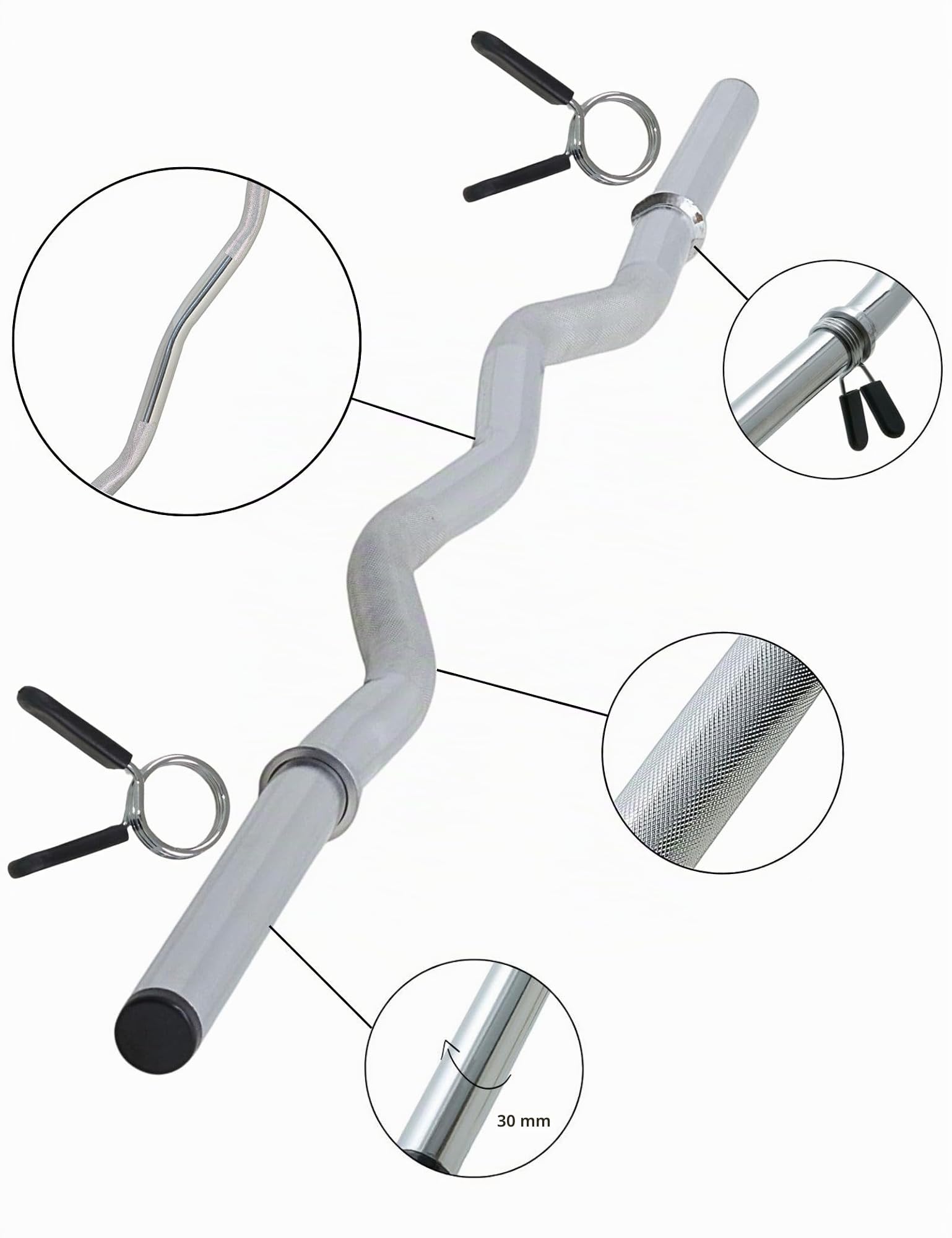 Barre d'haltères curl SZ - Longueur : 1,3 m - Charge maximale : 90 kg - 30 mm