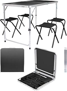 Harbour Housewares 120cm (4ft) Height Adjustable Aluminium Folding Picnic Table with 4 Chairs - Black - 4-Seater Foldable Portable Outdoor Garden Patio Camping BBQ Dining Trestle Furniture