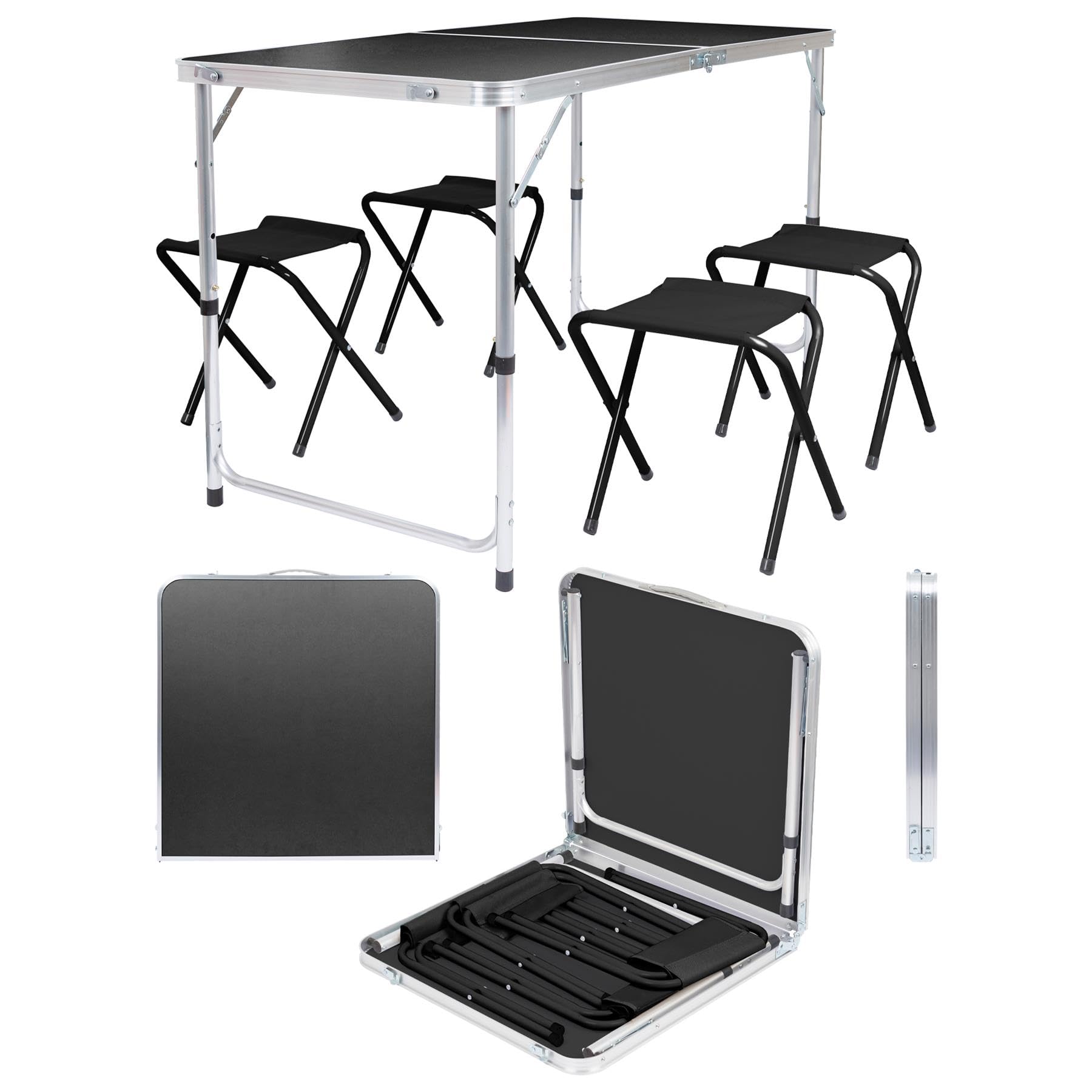 Harbour Housewares 120cm (4ft) Height Adjustable Aluminium Folding Picnic Table with 4 Chairs - Black - 4-Seater Foldable Portable Outdoor Garden Patio Camping BBQ Dining Trestle Furniture