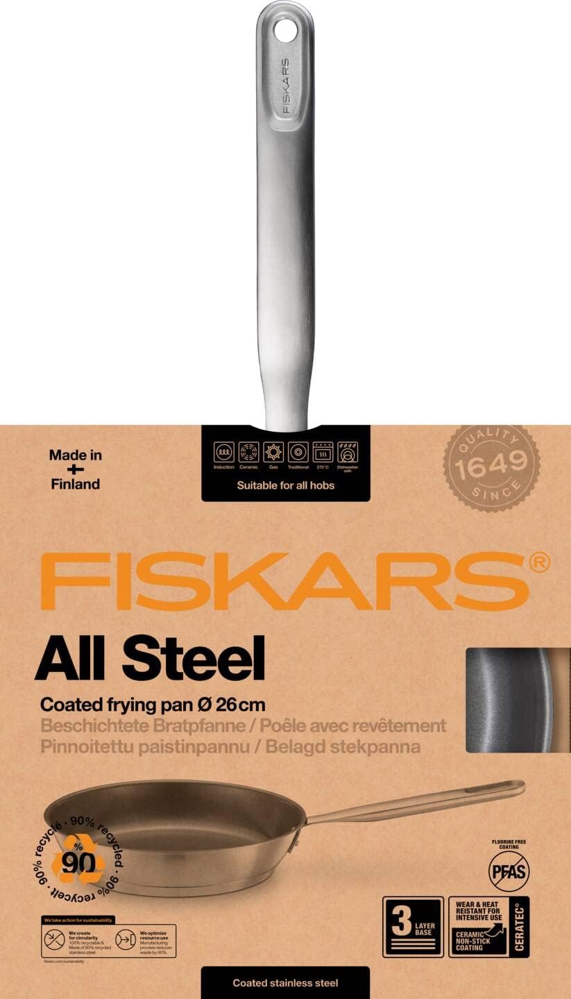 Fiskars frying pan, Ø 26 cm, Coated frying pan, Suitable for all hobs, Recycled stainless steel, All steel, Silver, 1064744