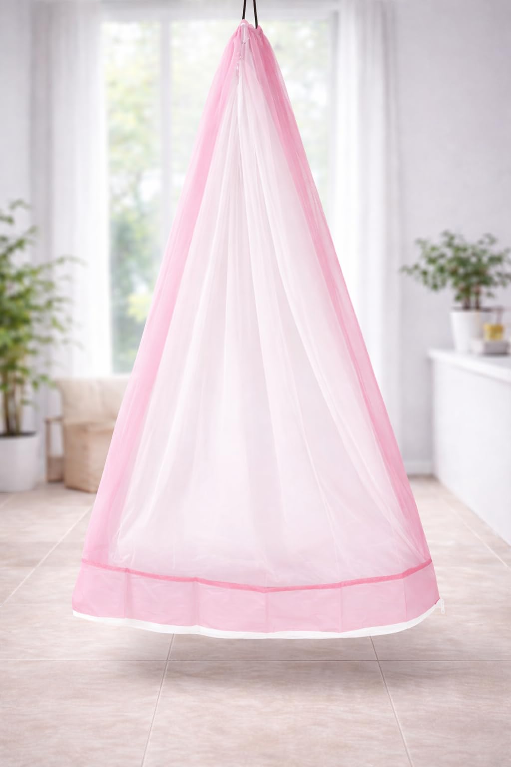 Poly Cotton Mosquito net for Babies | Cradle Thottil Jhula | Thottil Jhula | Infant Cradle | Premium Baby Baby Swing Washable | Zipper | Rope | Border (Pink)-image-34