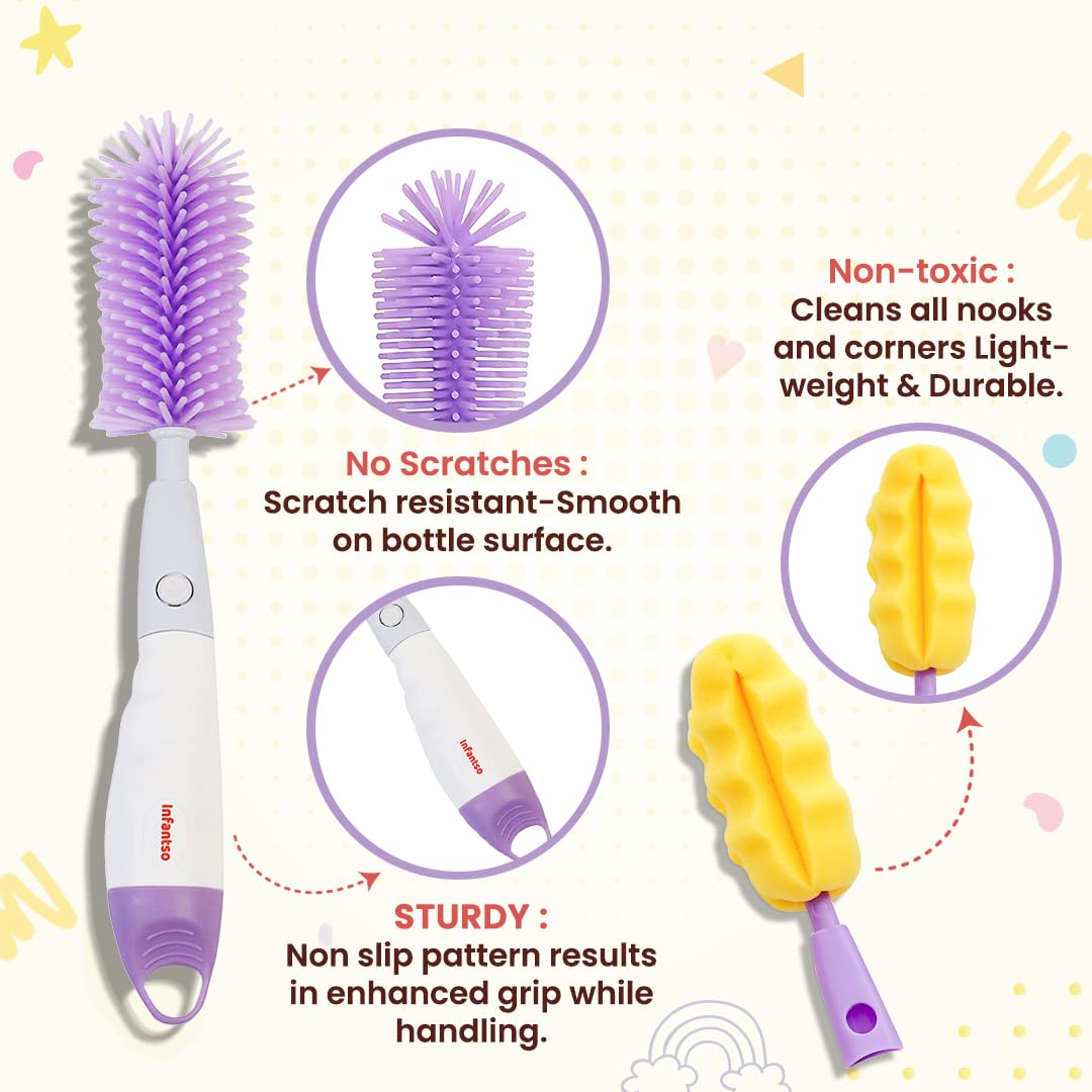 U-Grow Baby Feeding Bottle Cleaning Brush & Nipple Cleaner of Soft Silicone Bristle, 360° Movable, Easy & Scratch Free Cleaning for Narrow Neck & Wide Neck Feeding Bottles