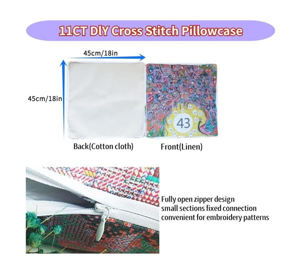 FanZheZhe kit cuscino punto croce Fiori 11ct45x45cm Punto Croce Kit da Ricamare Prestampato Cuscino Ricamato a Mano Fai da te per Principianti